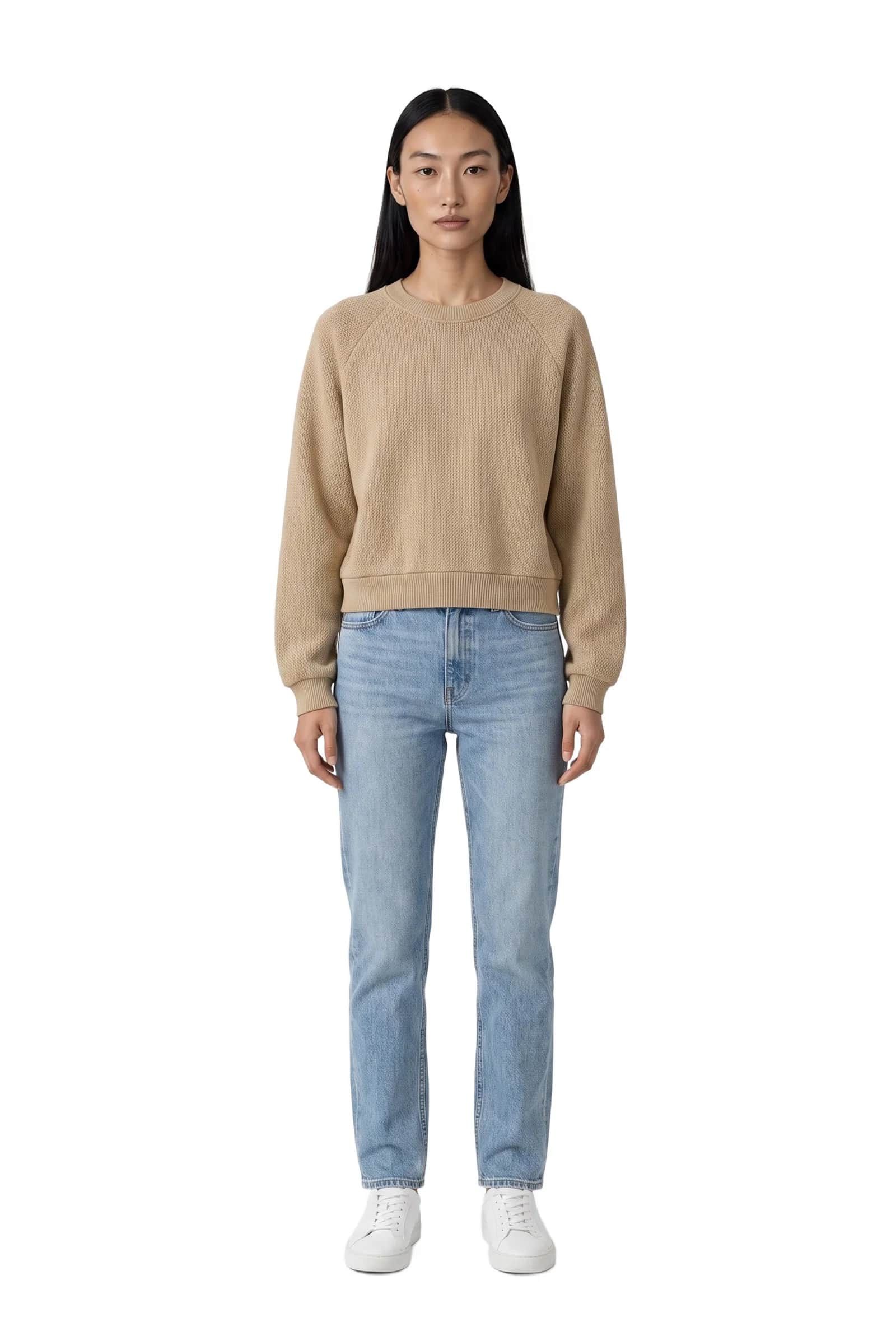 Tan Raglan Sleeve Cropped Sweatshirt.