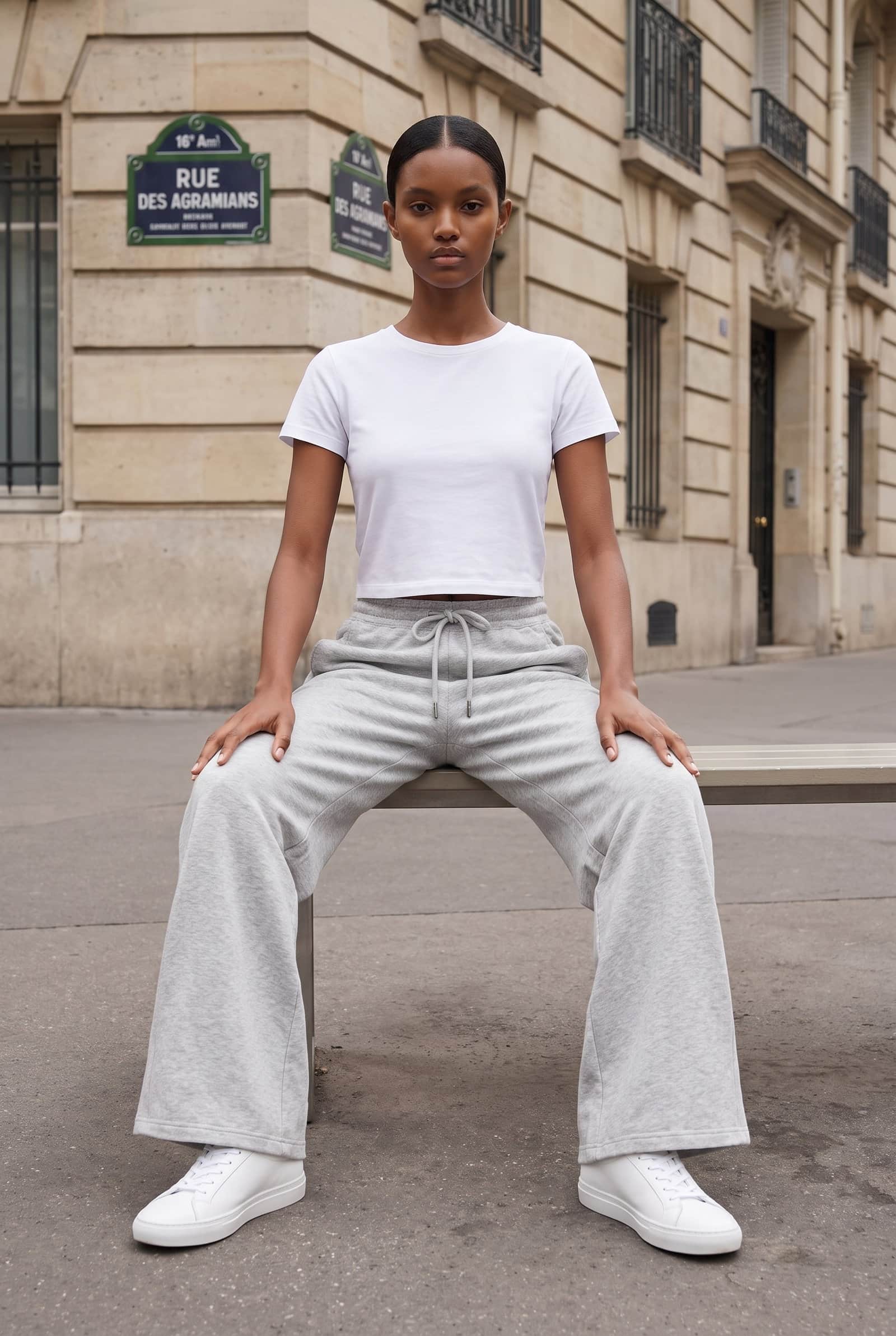 Wide-Leg Light Grey Melange Track Pants