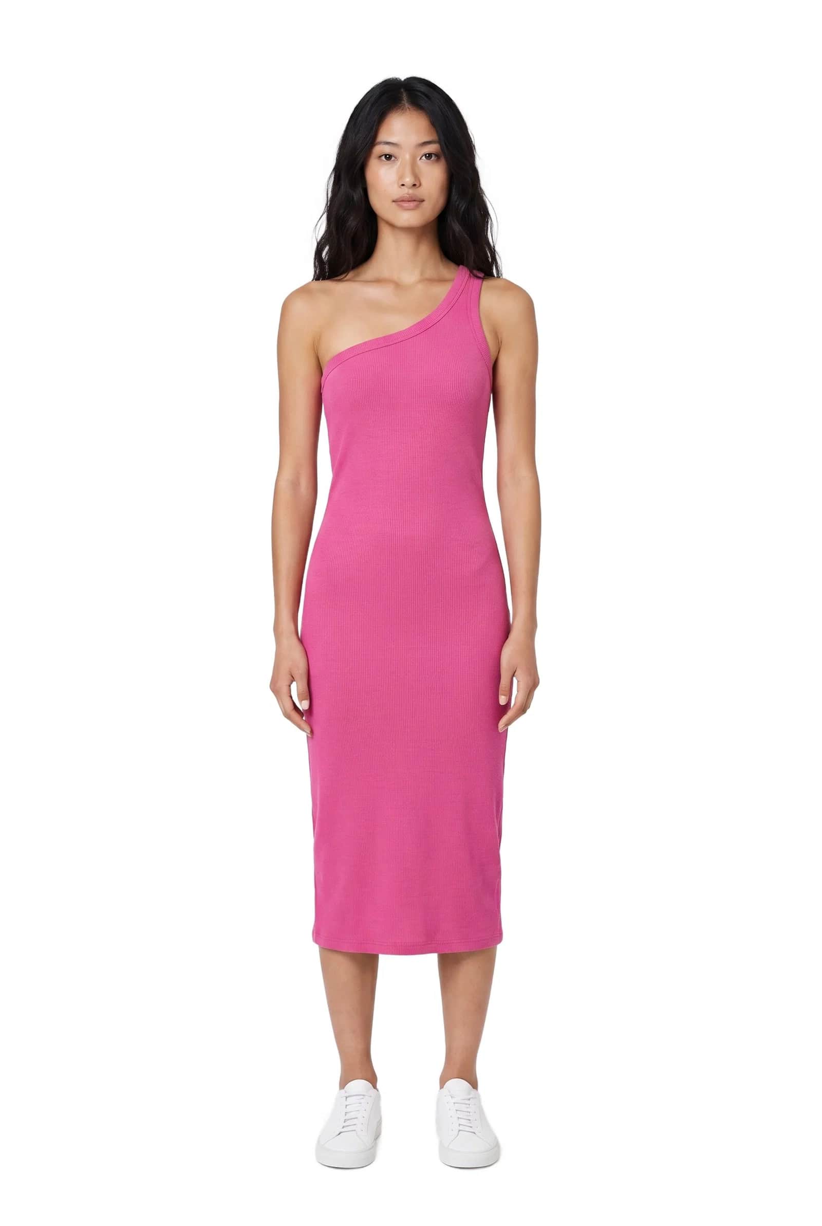 Pink One-Shoulder Ribbed Midi Dress