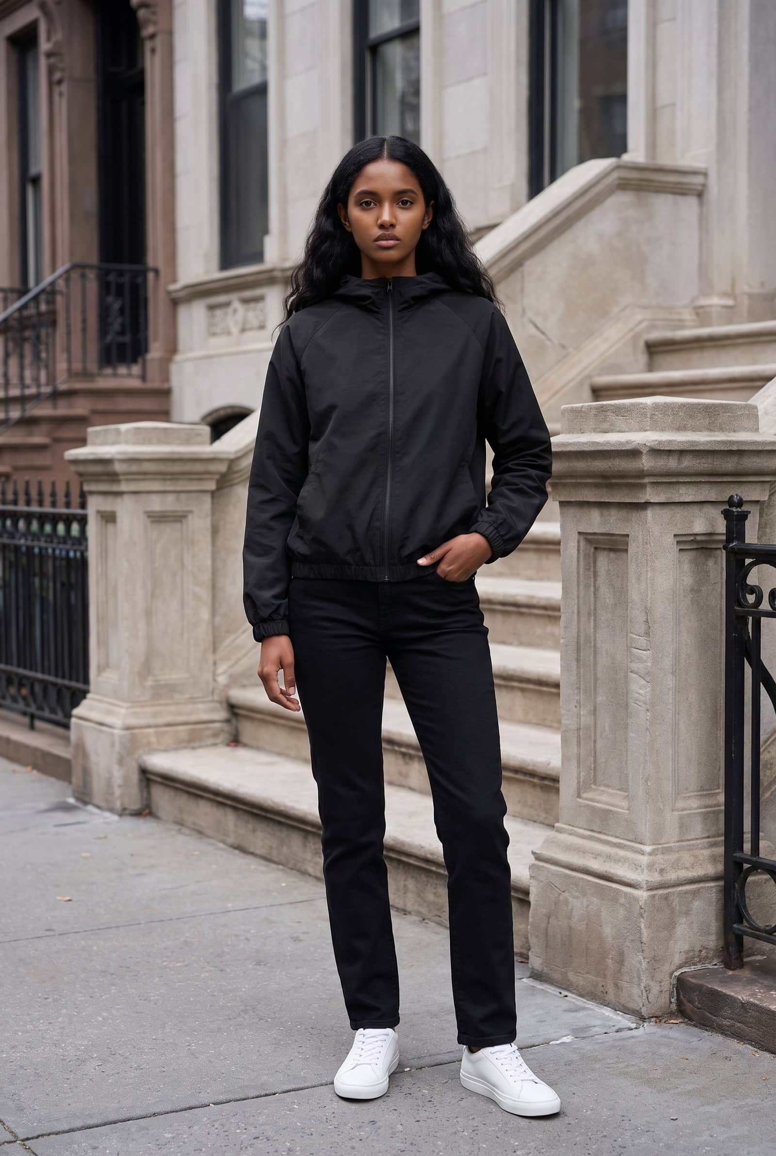Minimalist Matte Black Hooded Utility Jacket