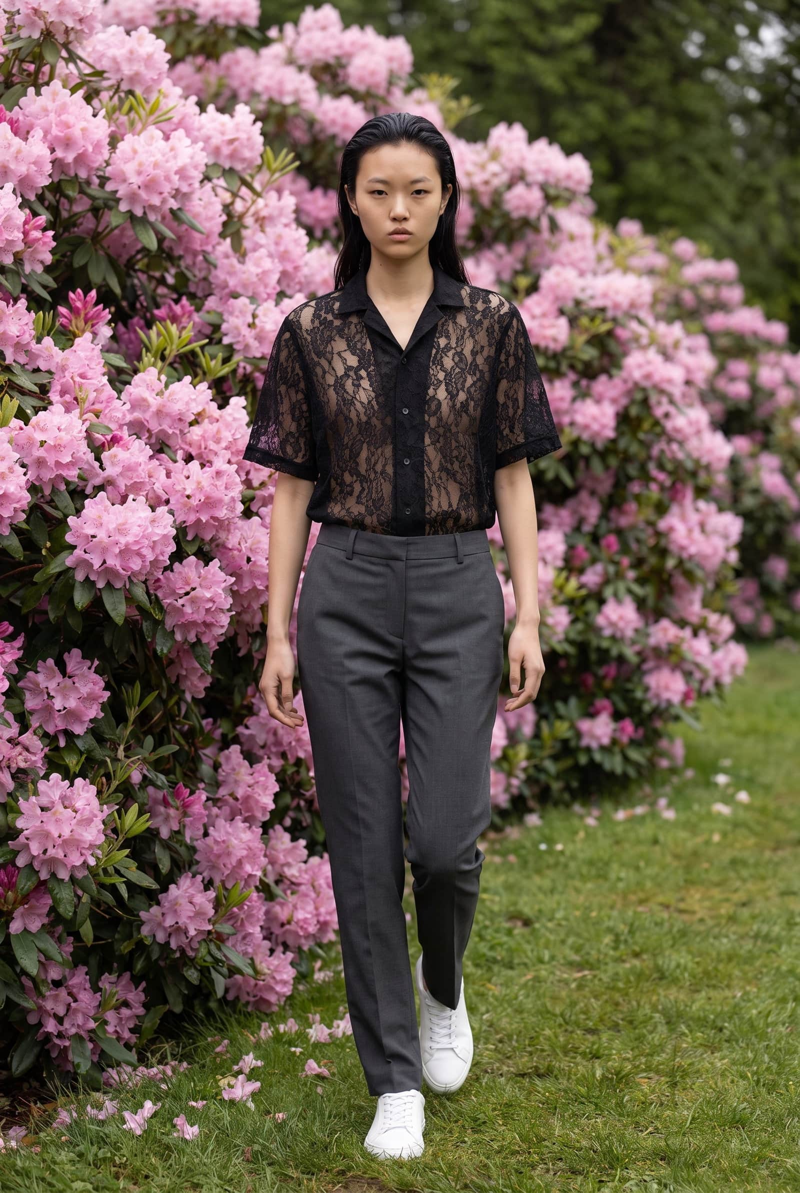 Black Lace Camp Collar Shirt