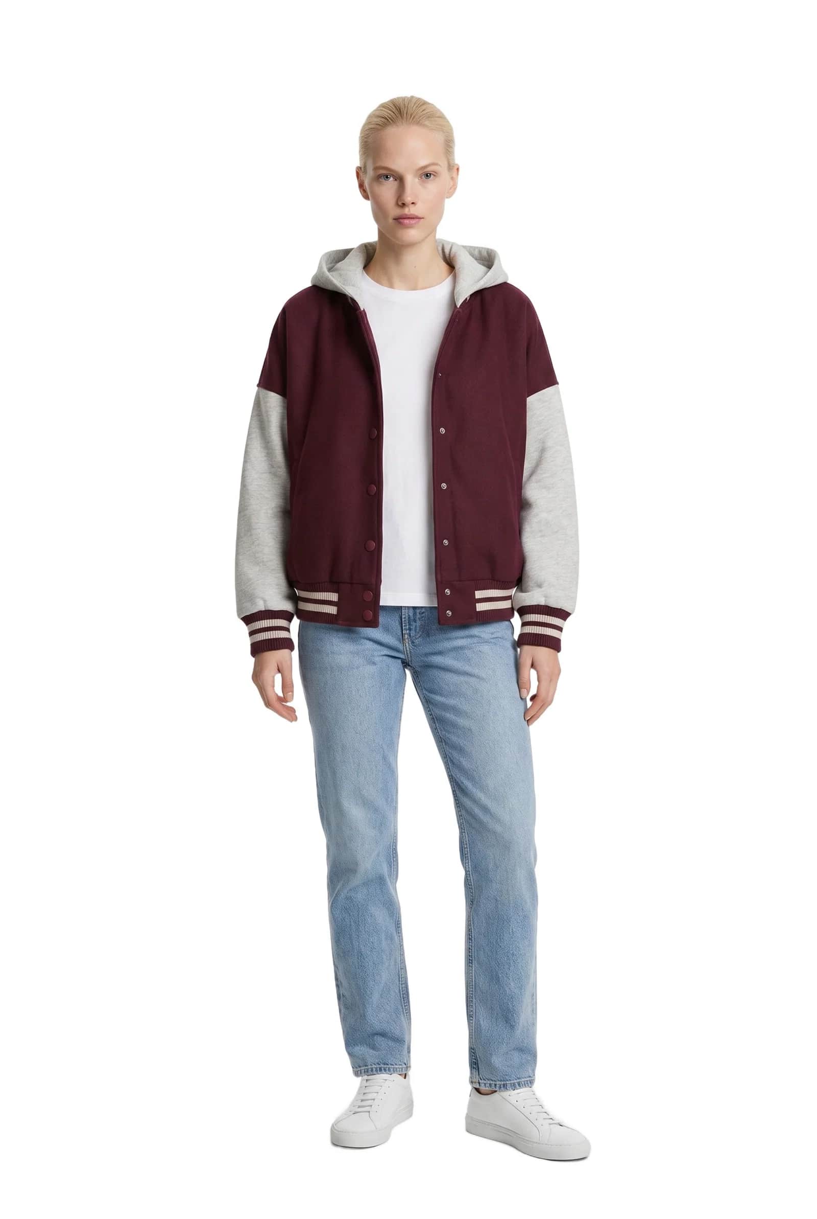 Hooded Contrast Sleeve Varsity Jacket