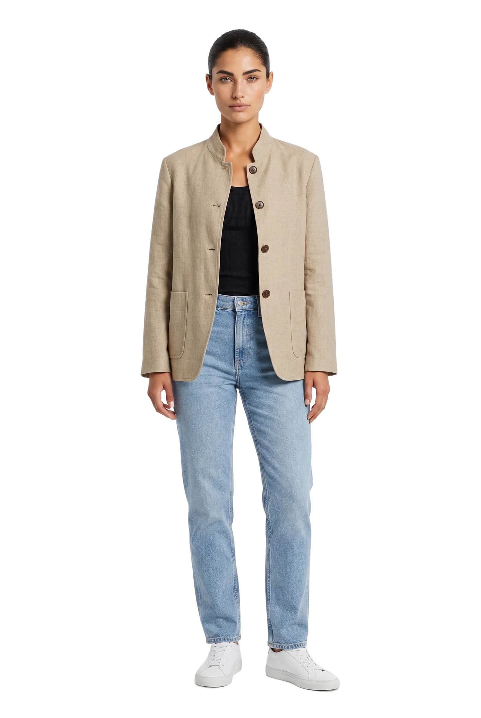 Beige Mandarin Collar Linen Jacket