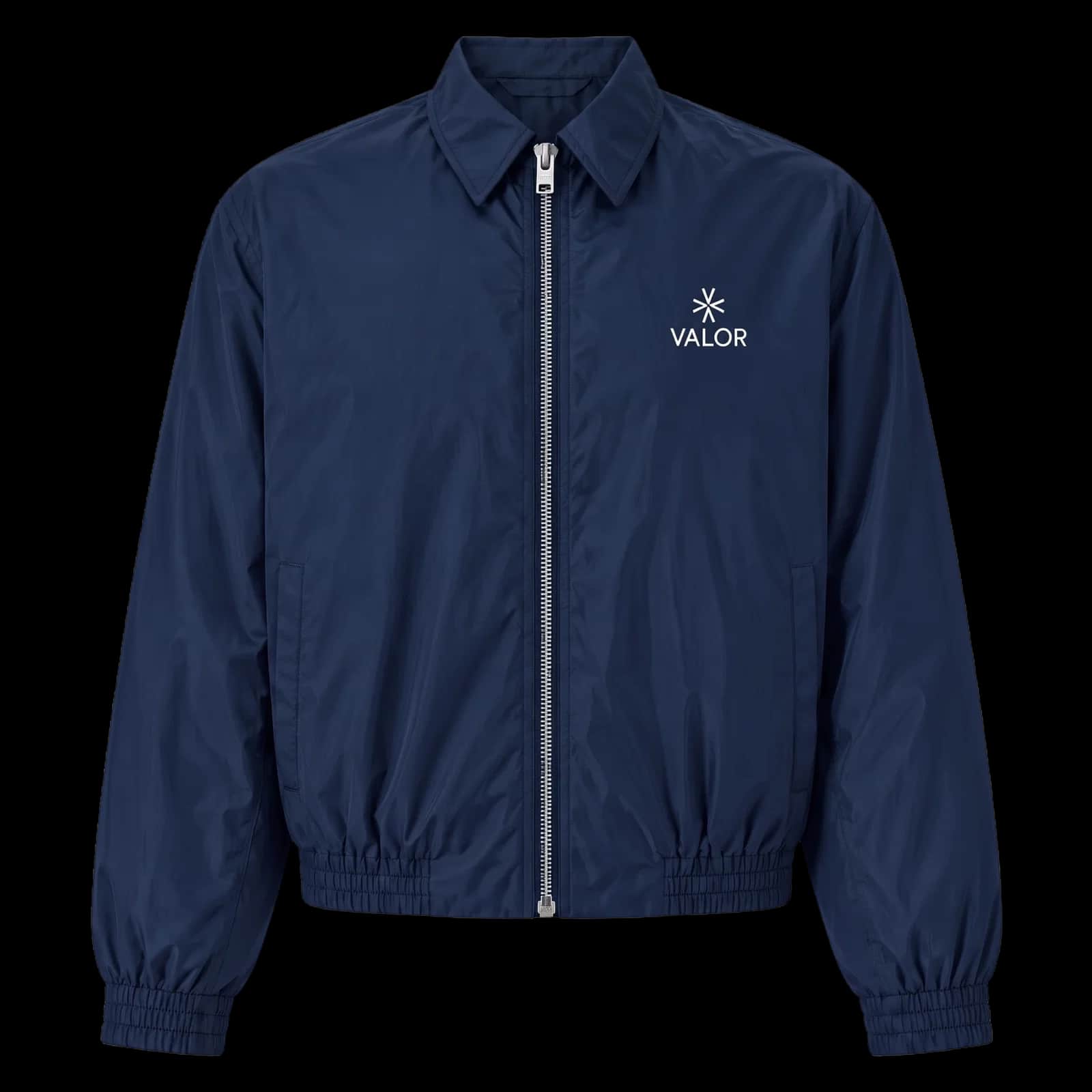 Navy Blue Silky Nylon Bomber Jacket With White Embroidered Logo