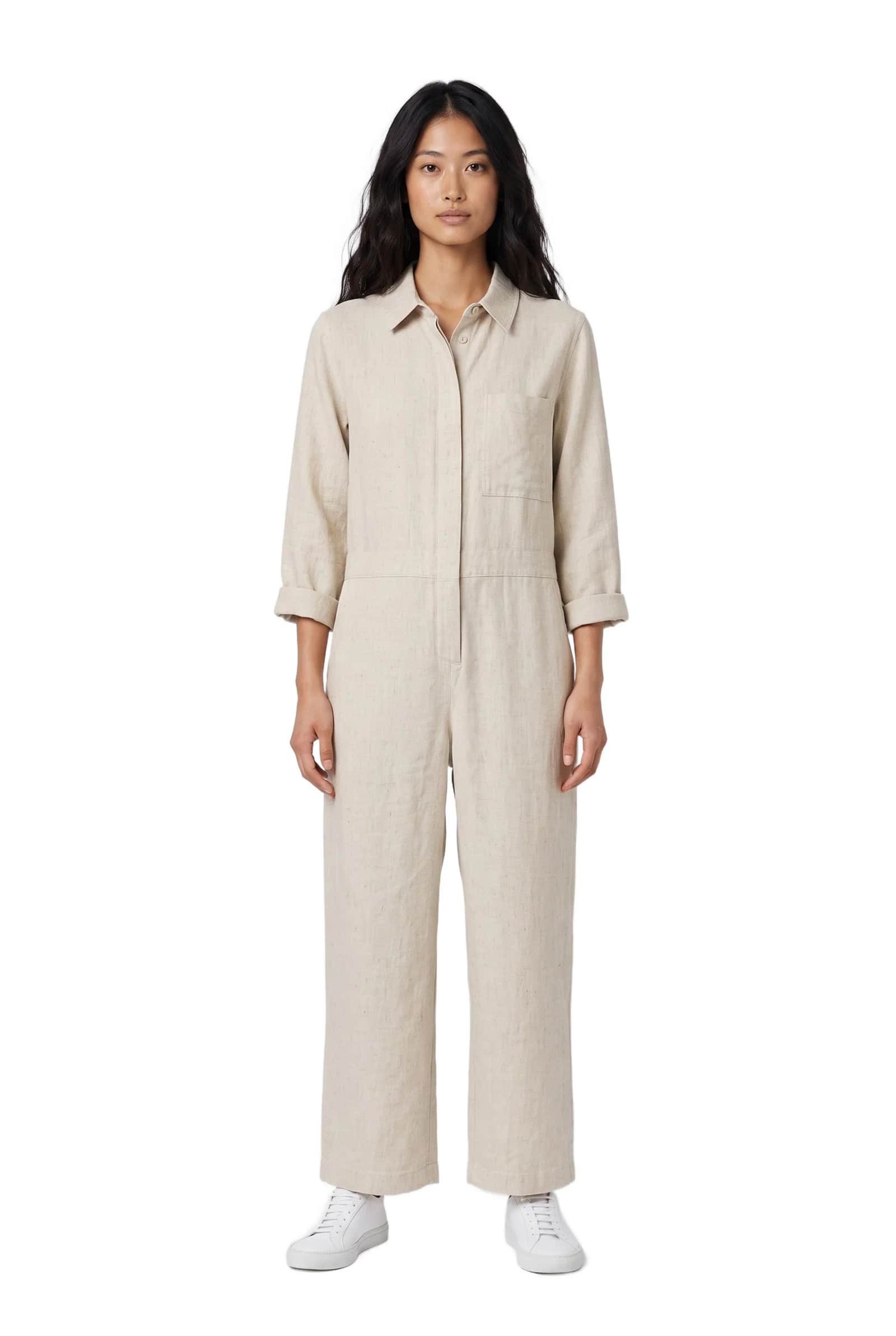Linen Blend Long Sleeve Jumpsuit