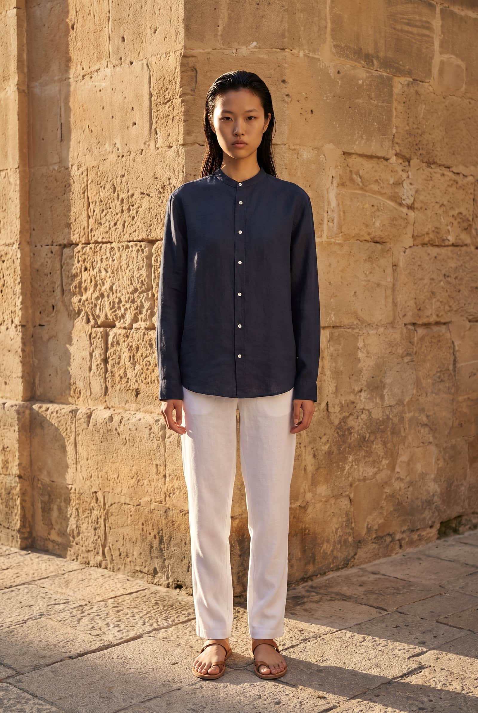 Navy Linen Mandarin Collar Shirt