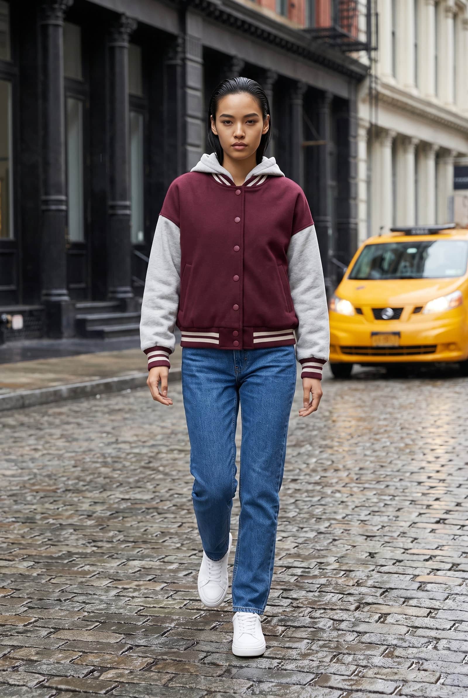 Hooded Contrast Sleeve Varsity Jacket