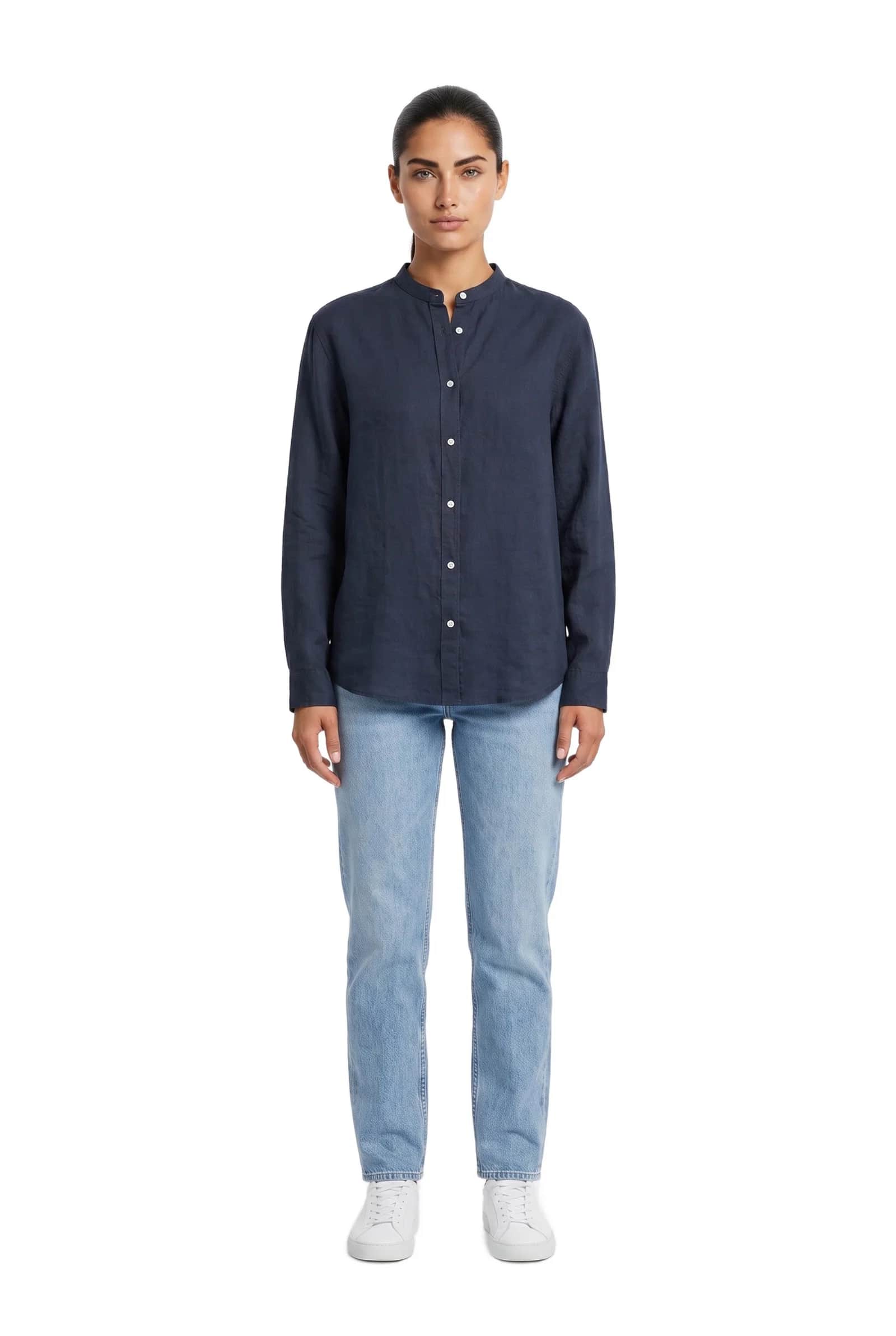 Navy Linen Mandarin Collar Shirt