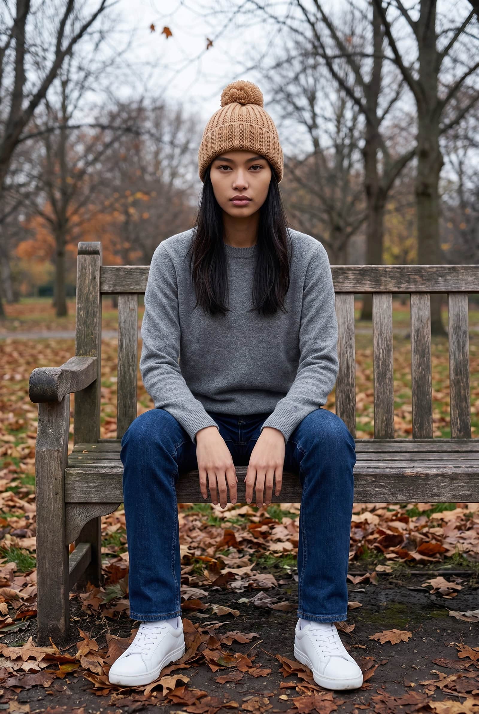 Camel Chunky-Knit Pom-Pom Beanie
