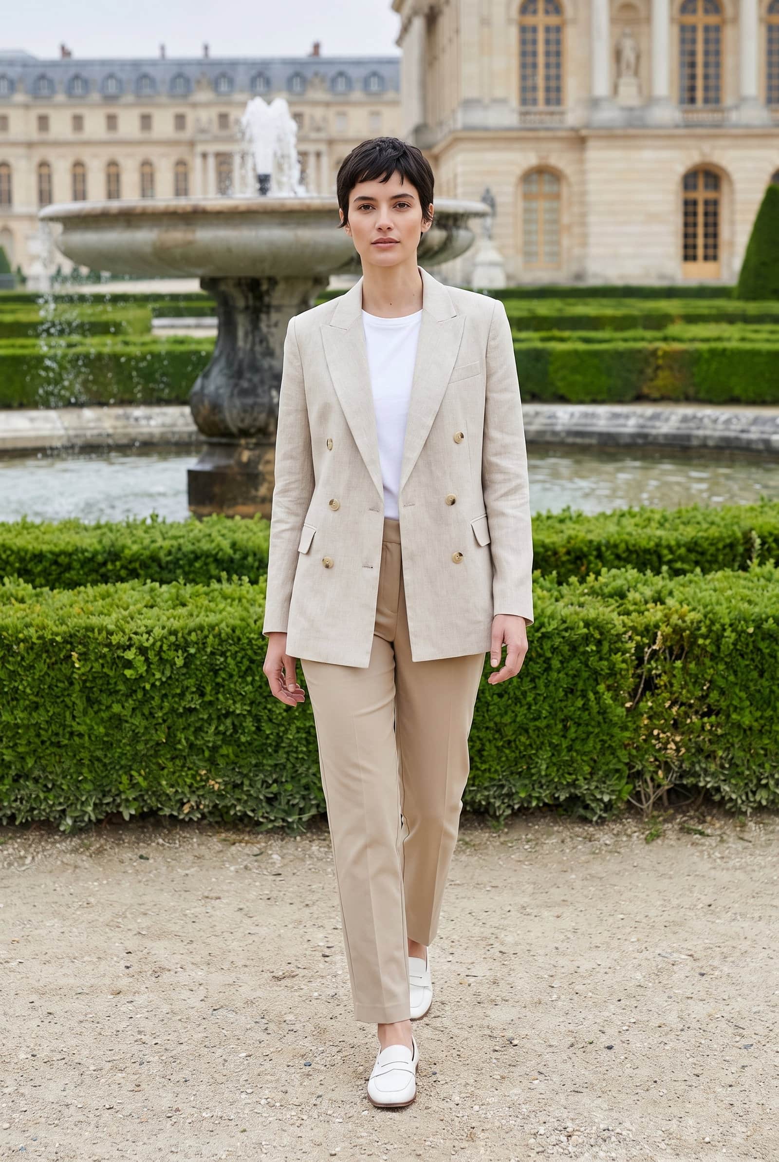Beige Double-Breasted Linen Blazer