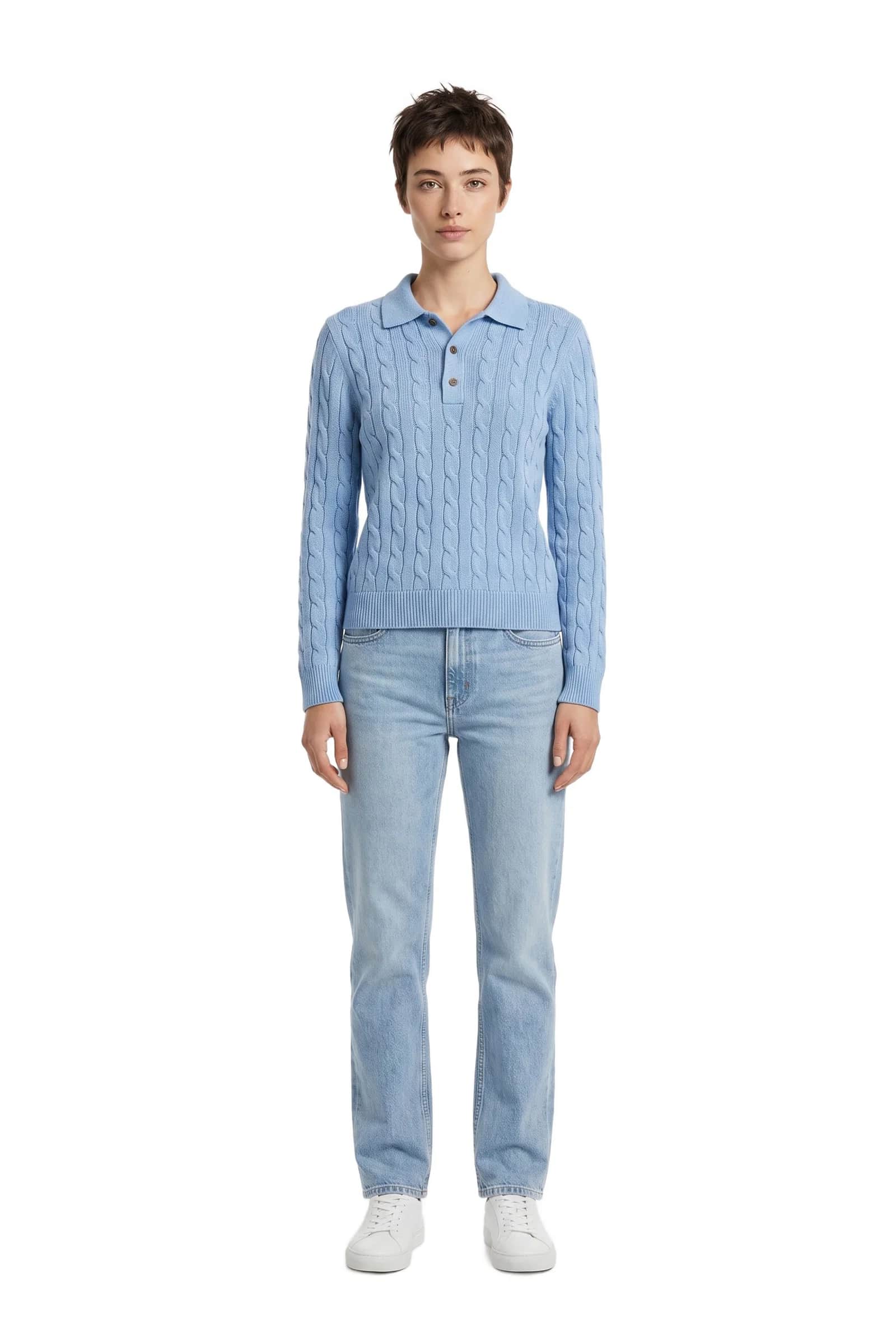 Blue Cable Knit Polo Sweater