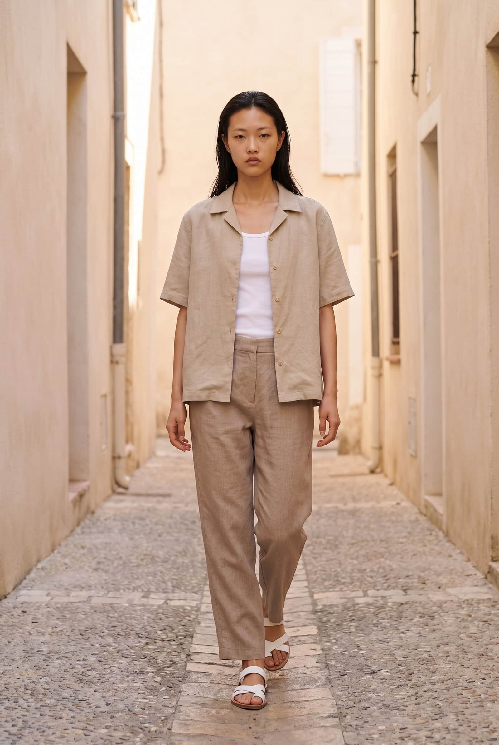 neutral beige Linen Short Sleeve Shirt