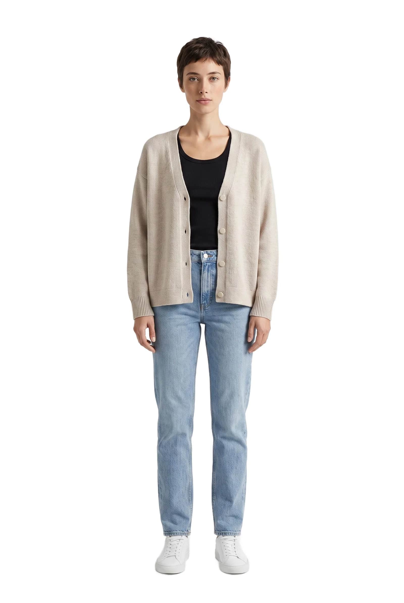 Beige V-Neck Fine-Knit Cardigan