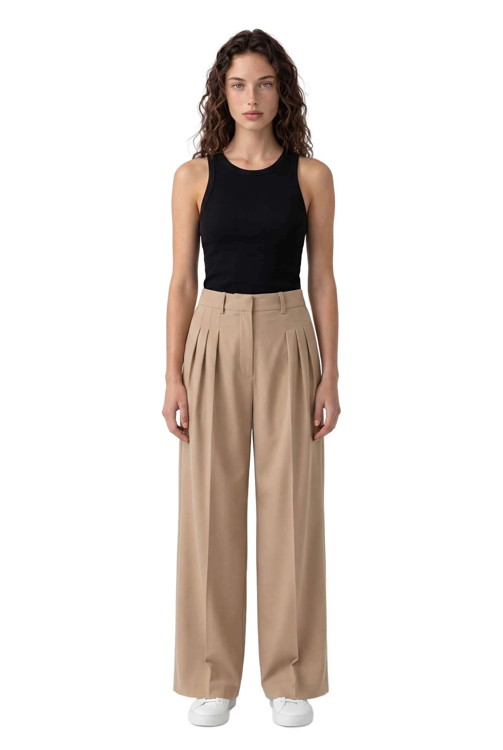 Beige Wide-Leg Pleated Pants