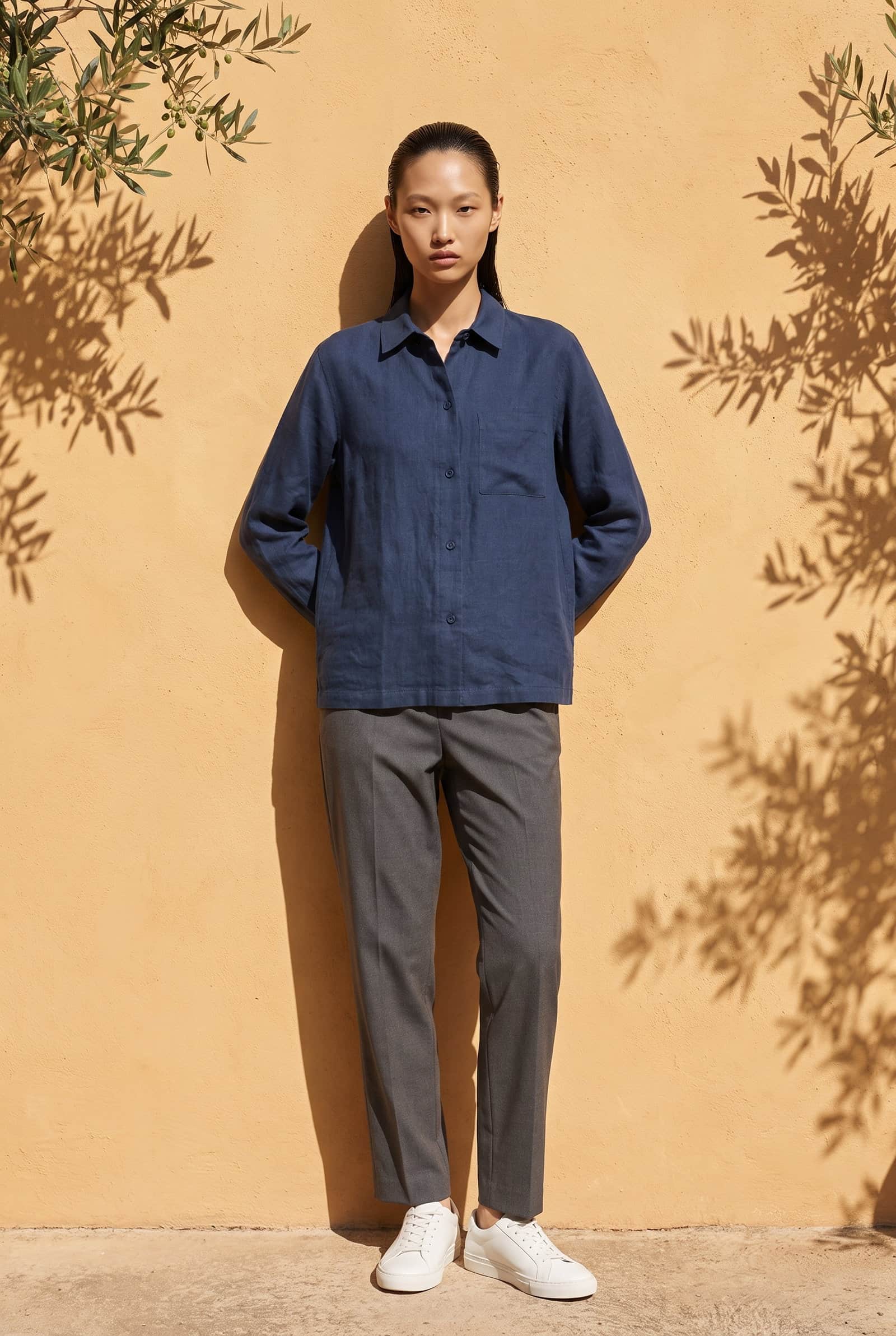 Navy Blue Linen-Blend Utility Shirt