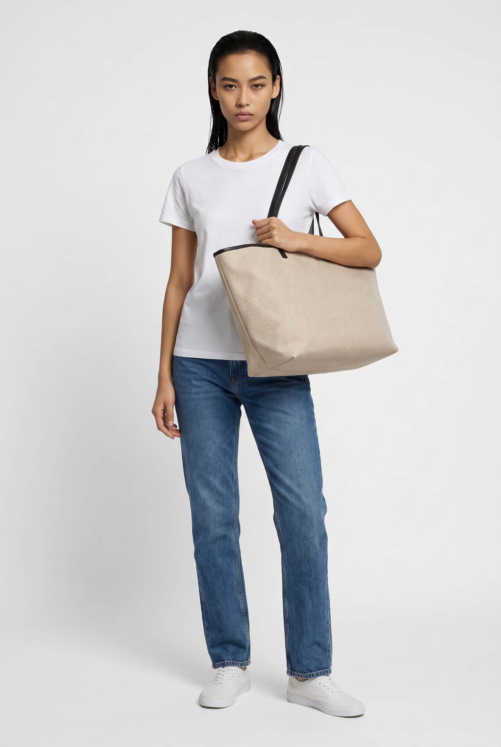 Canvas Tote Bag with Leather Trim