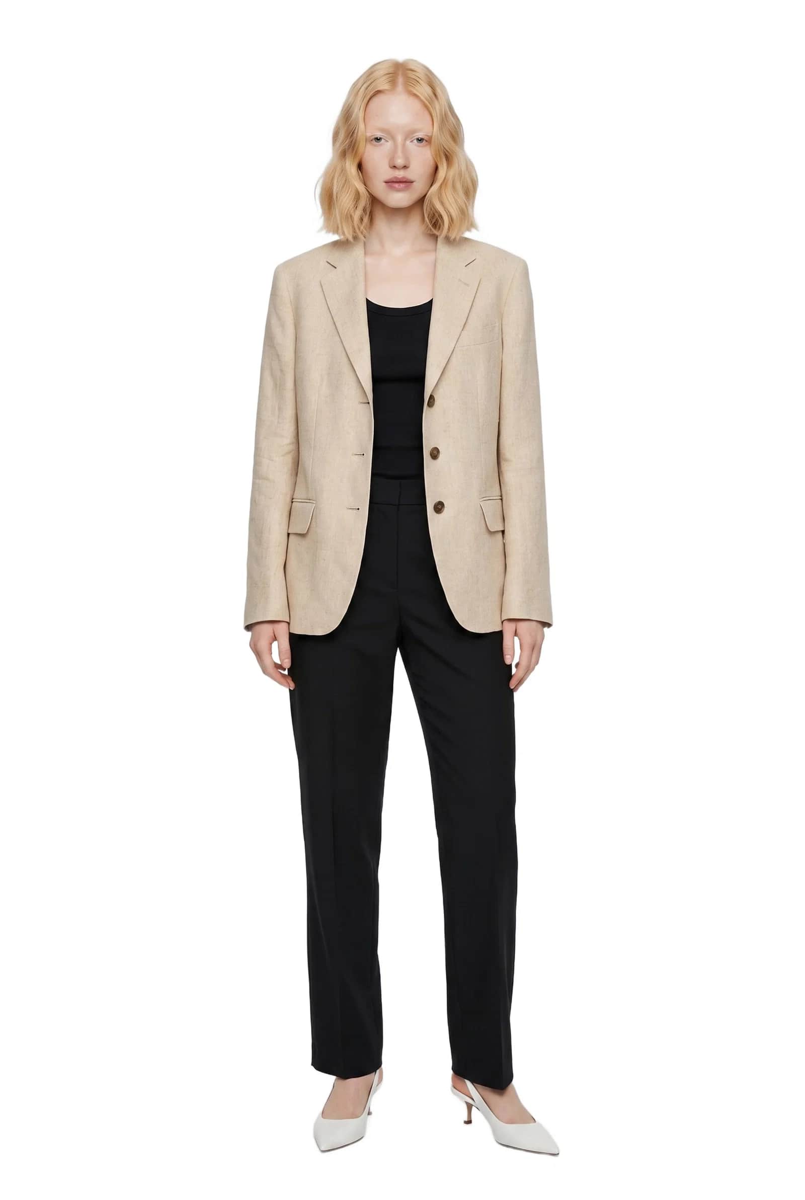 Beige Single-Breasted Linen Blazer