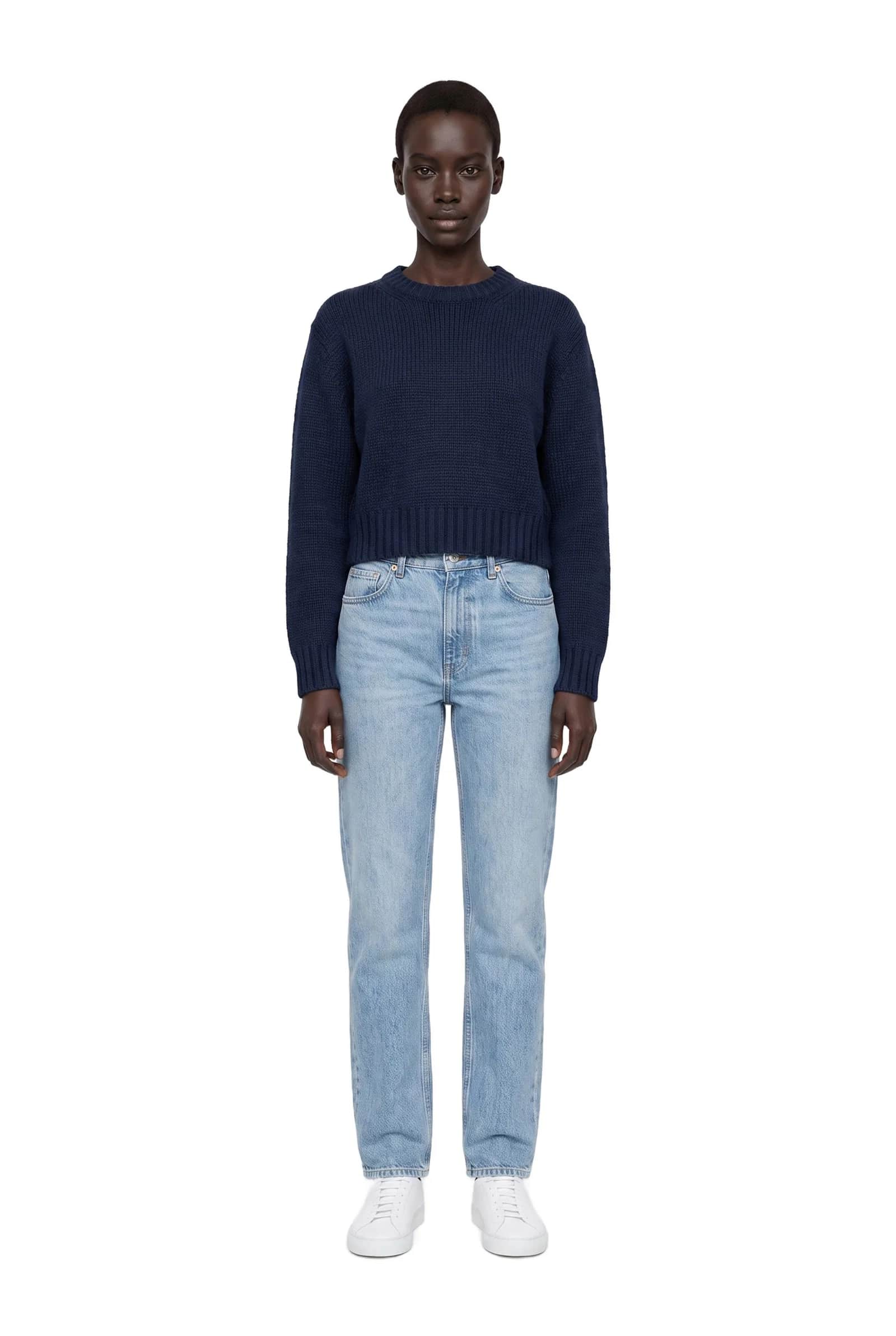 Navy Cropped Crewneck Sweater