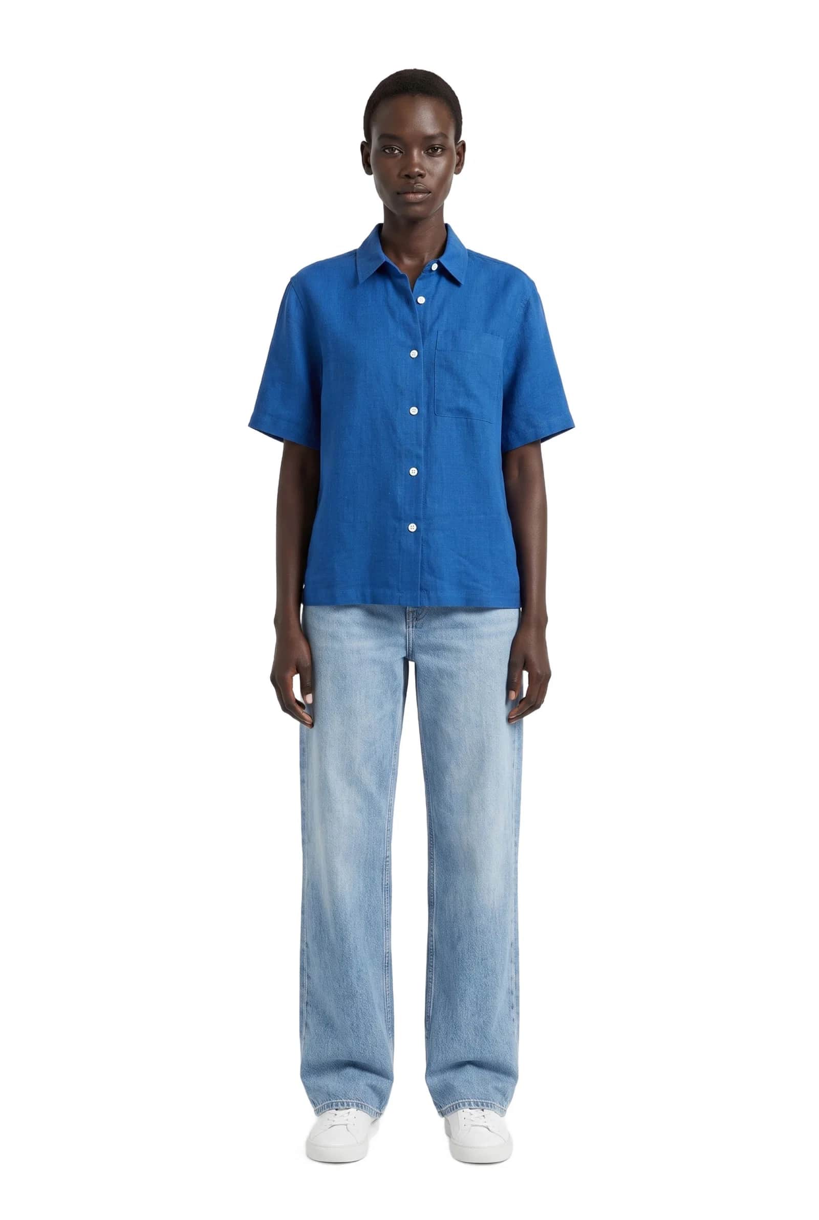 Blue Short Sleeve Shirt with White Buttons
