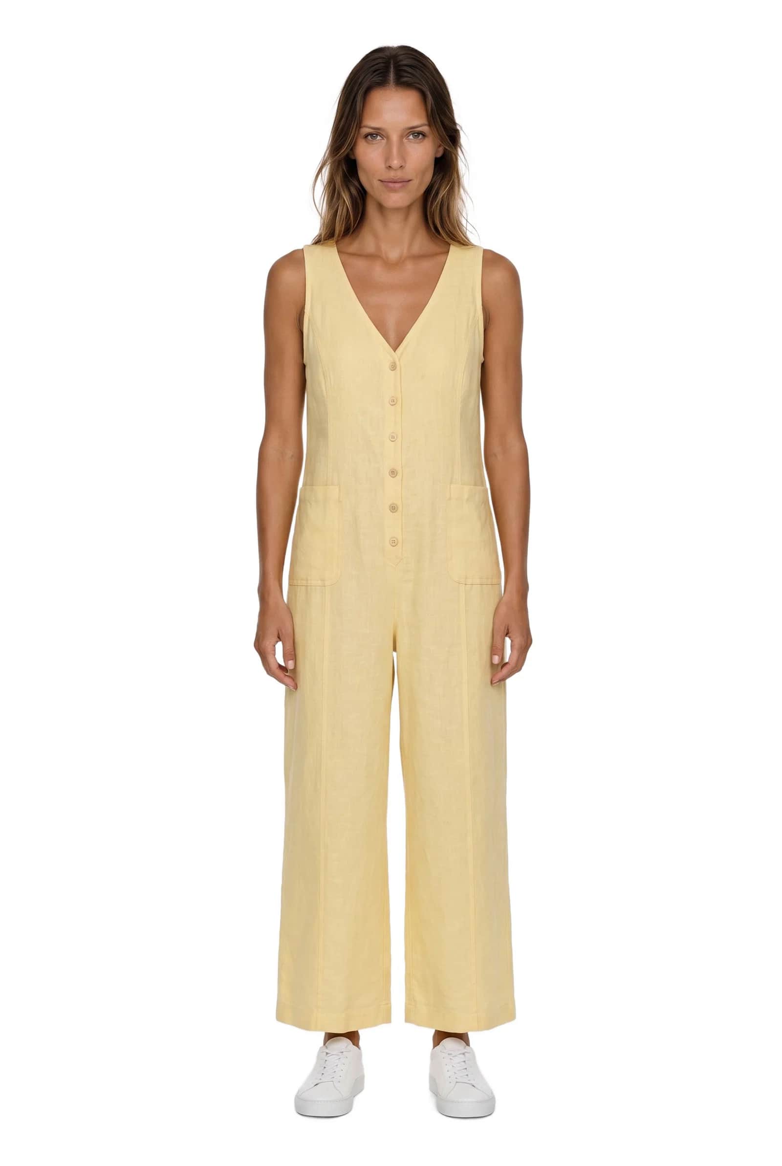 Linen Blend V-Neck Sleeveless Jumpsuit
