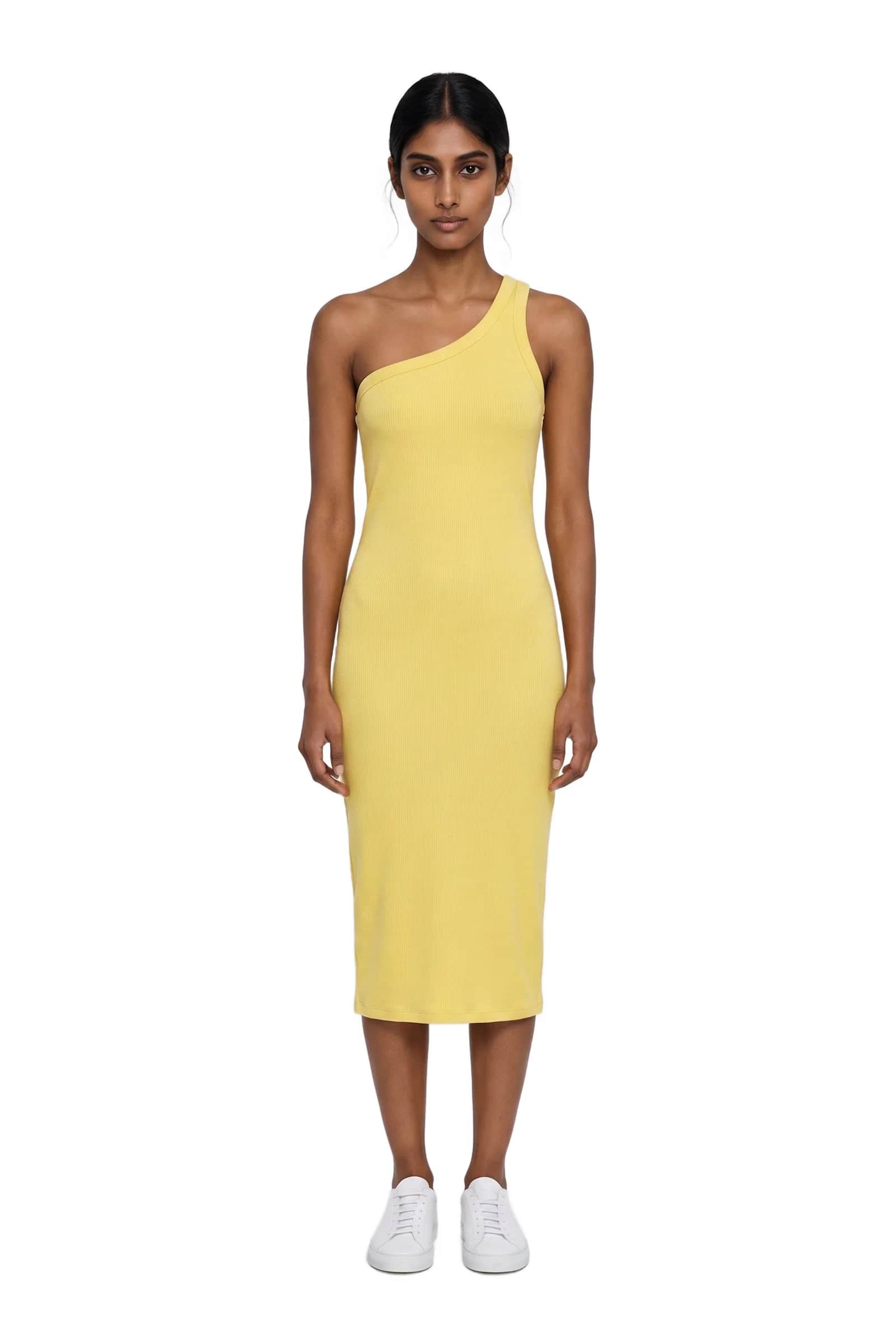 Yellow Ribbed One-Shoulder Dress