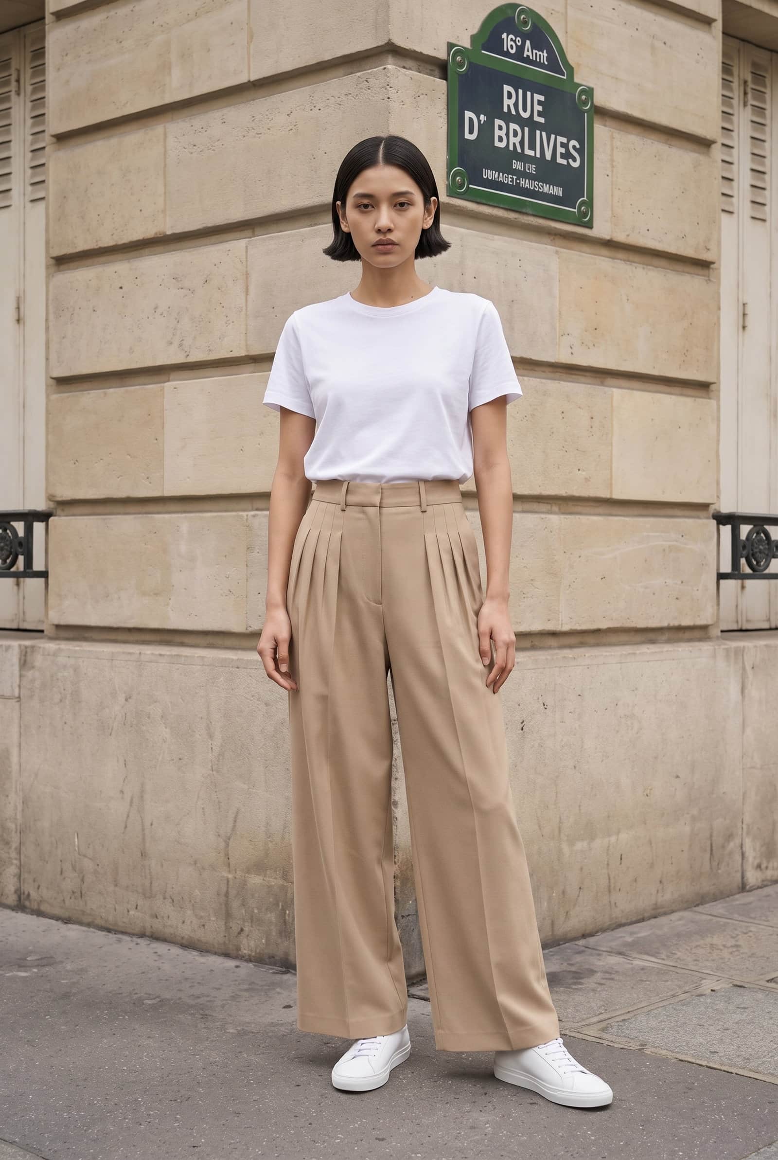 Beige Wide-Leg Pleated Pants