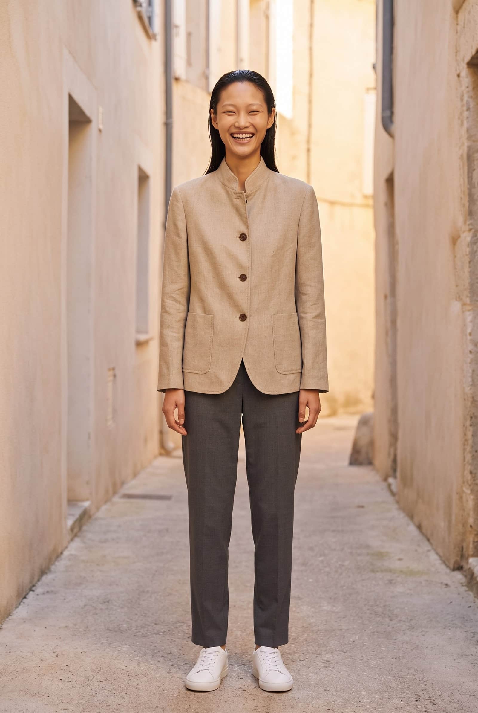 Beige Mandarin Collar Linen Jacket