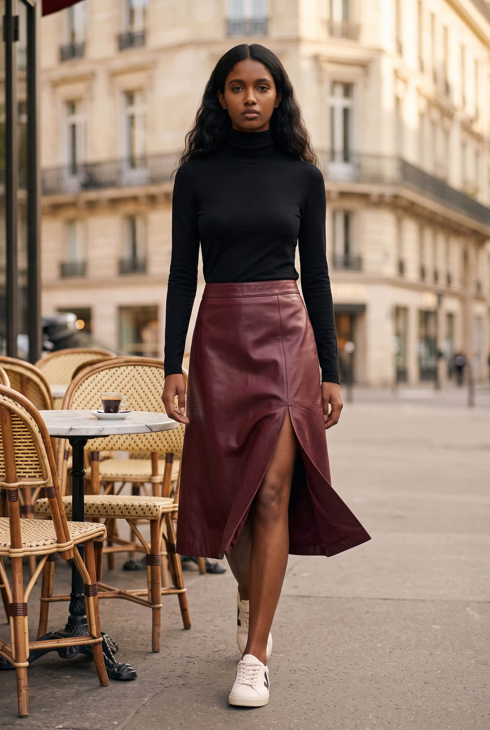 Burgundy Leather A-Line Skirt With Front Slit
