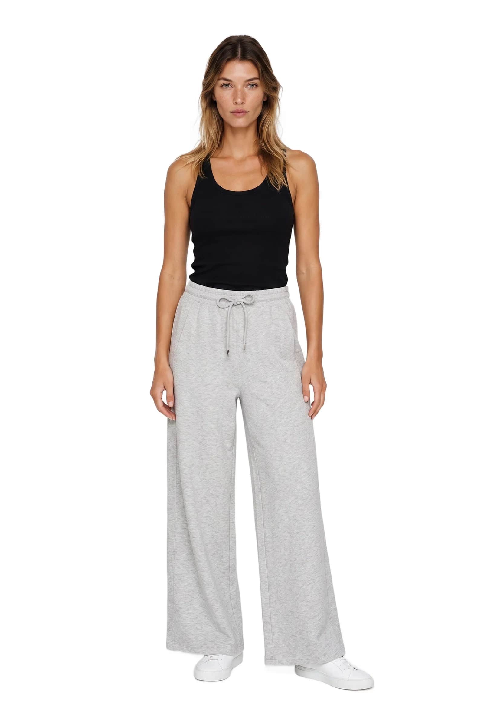 Wide-Leg Light Grey Melange Track Pants