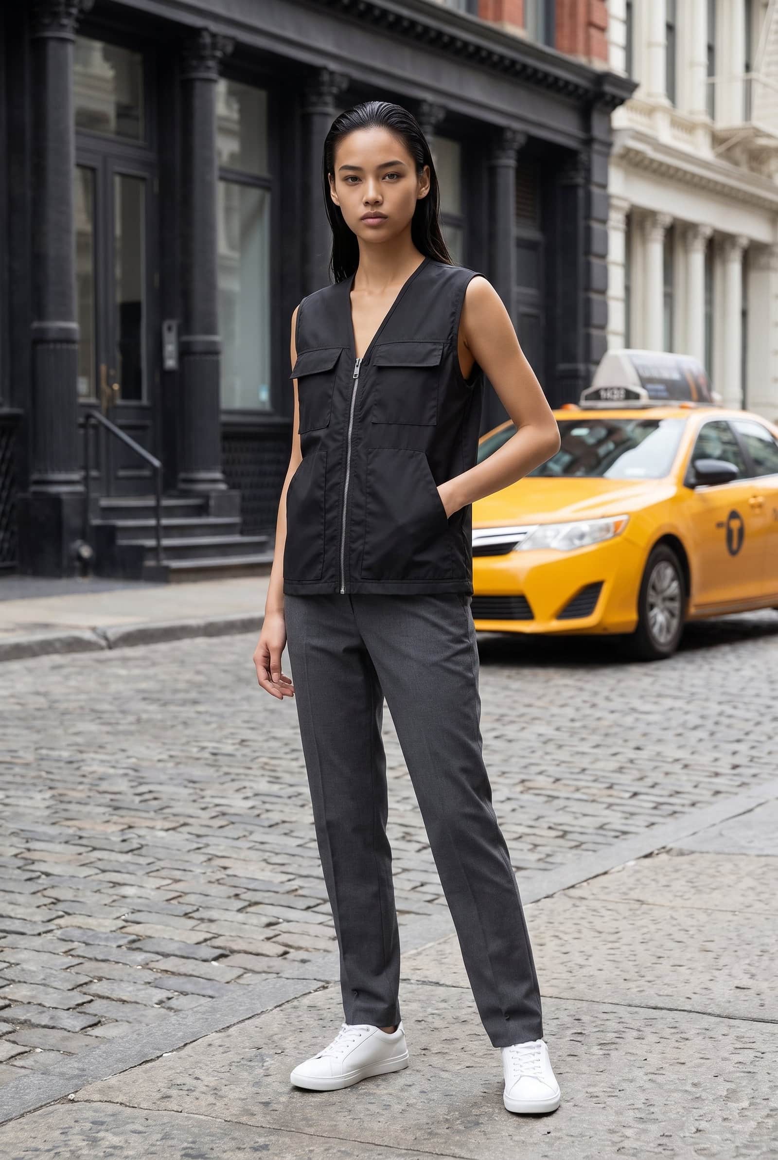 Black V-neck vest with pockets