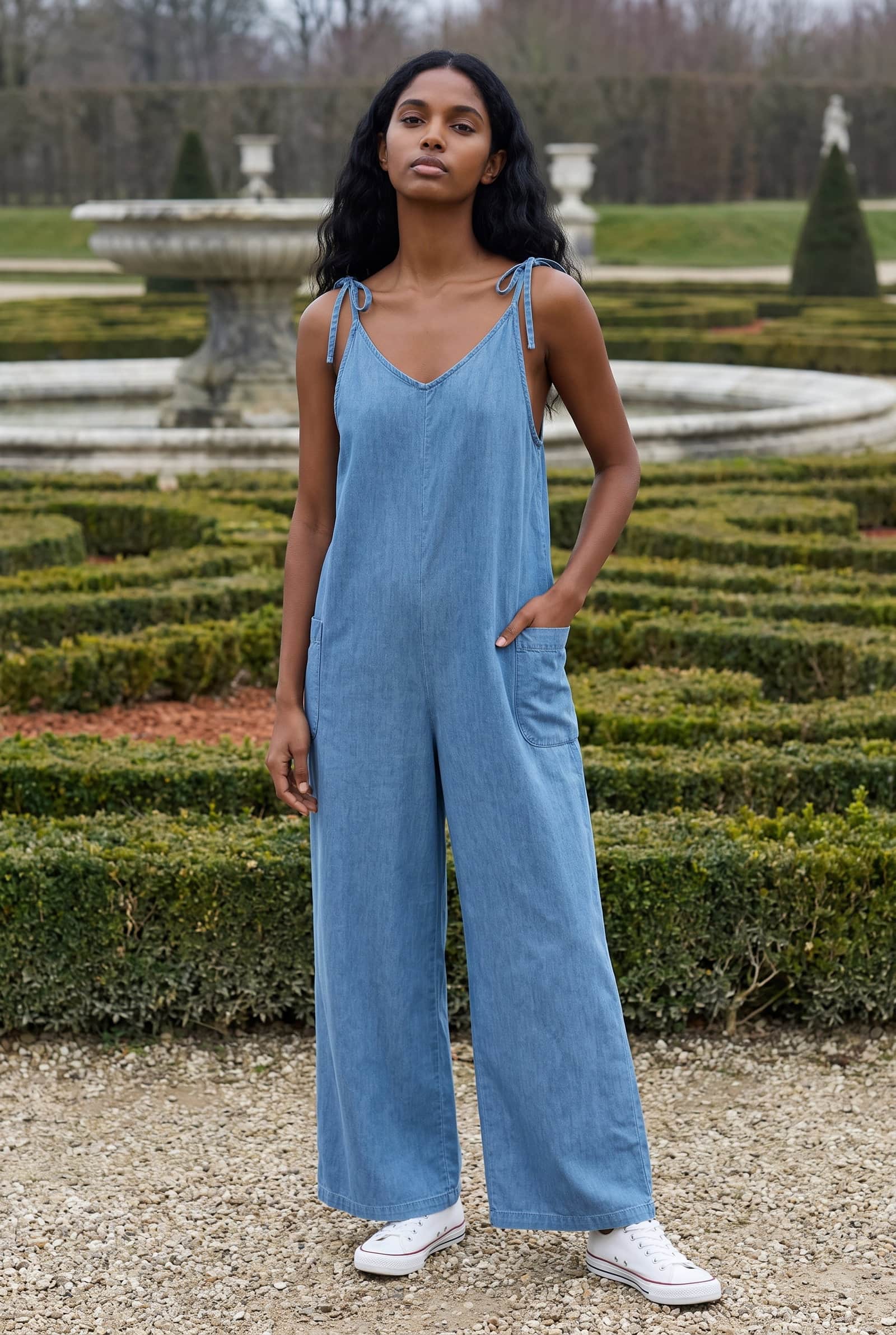 Denim Jumpsuit with Shoulder Tie-Ups.