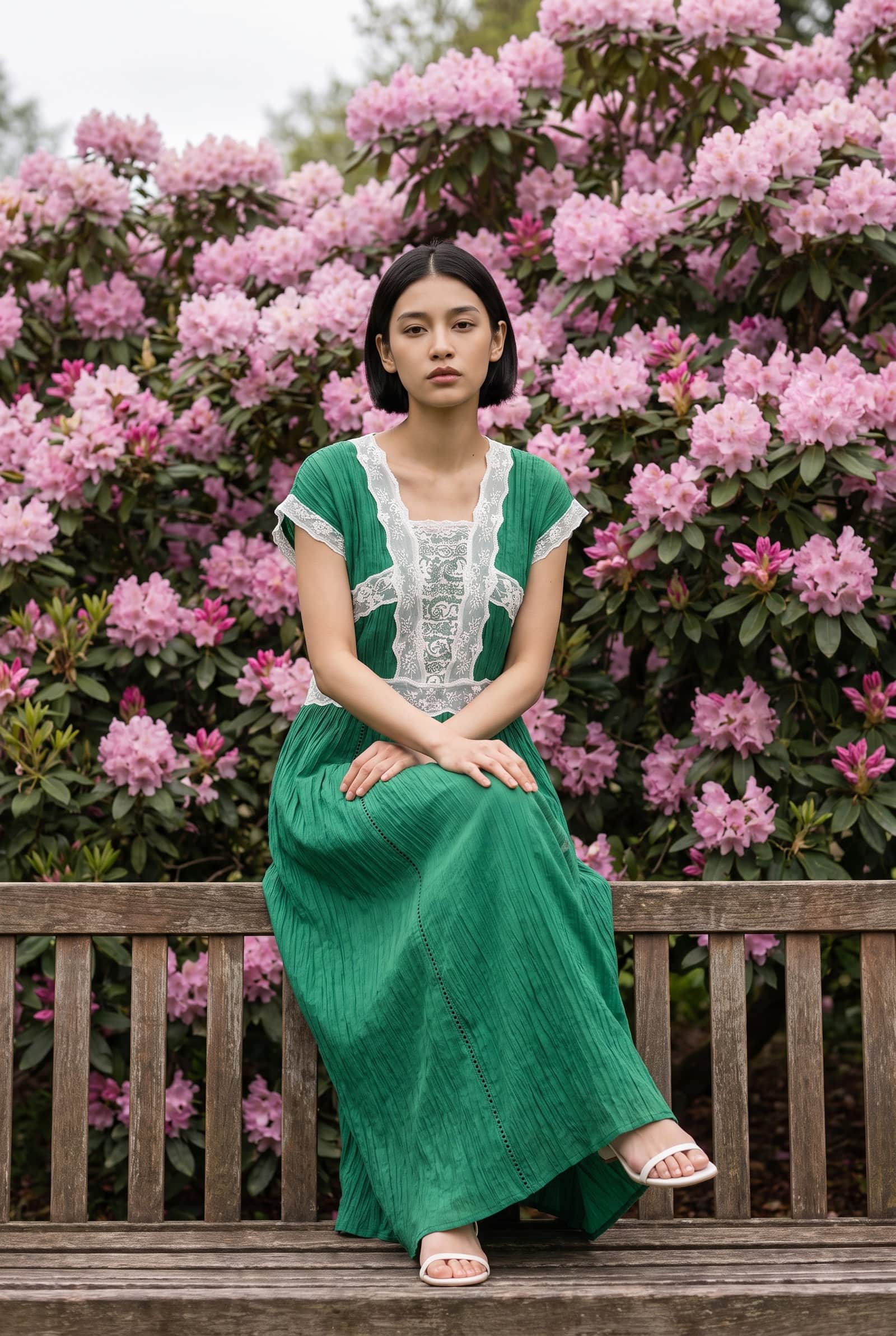 Green Lace-Bodice Midi Dress