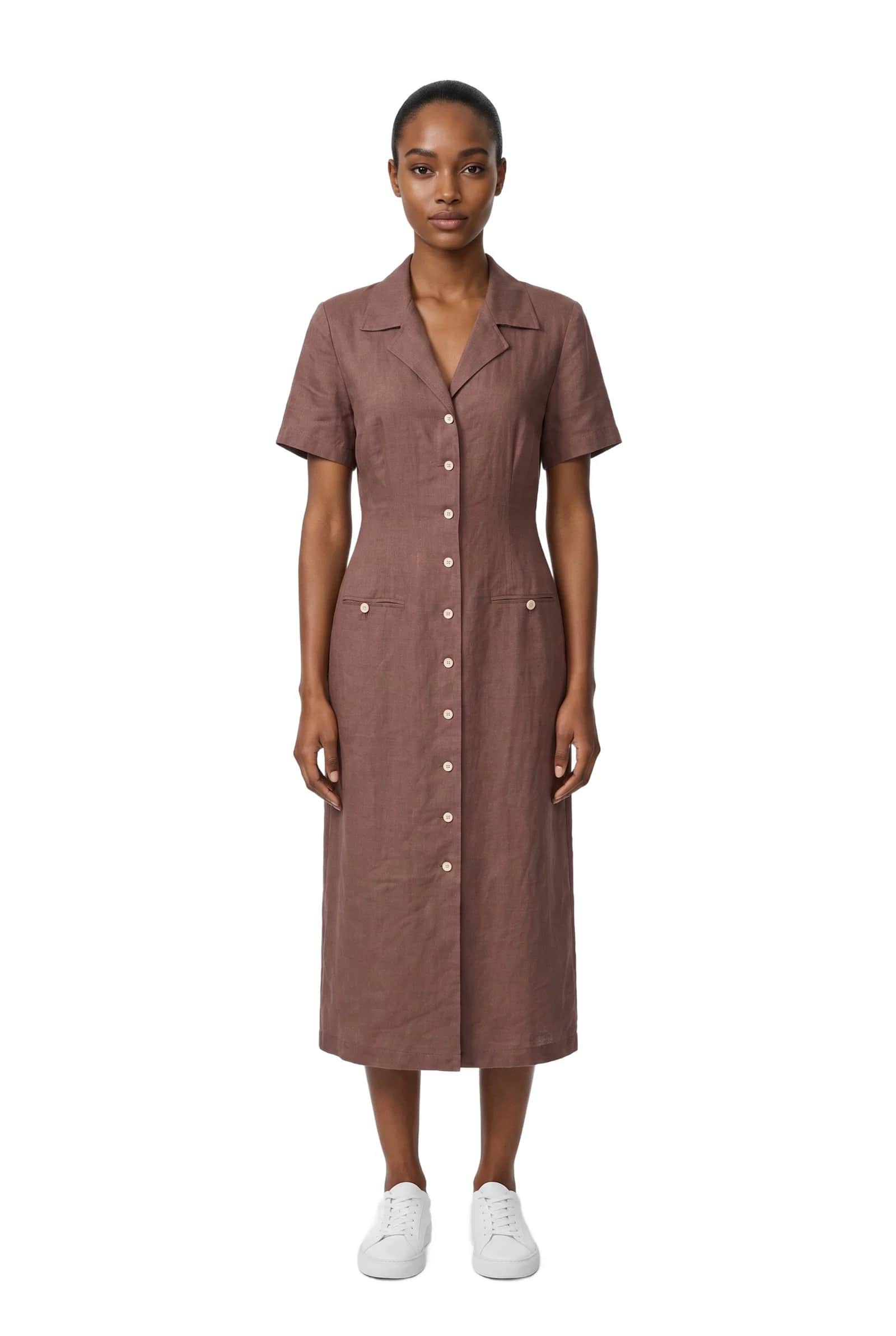 Brown Linen Button-Down Dress