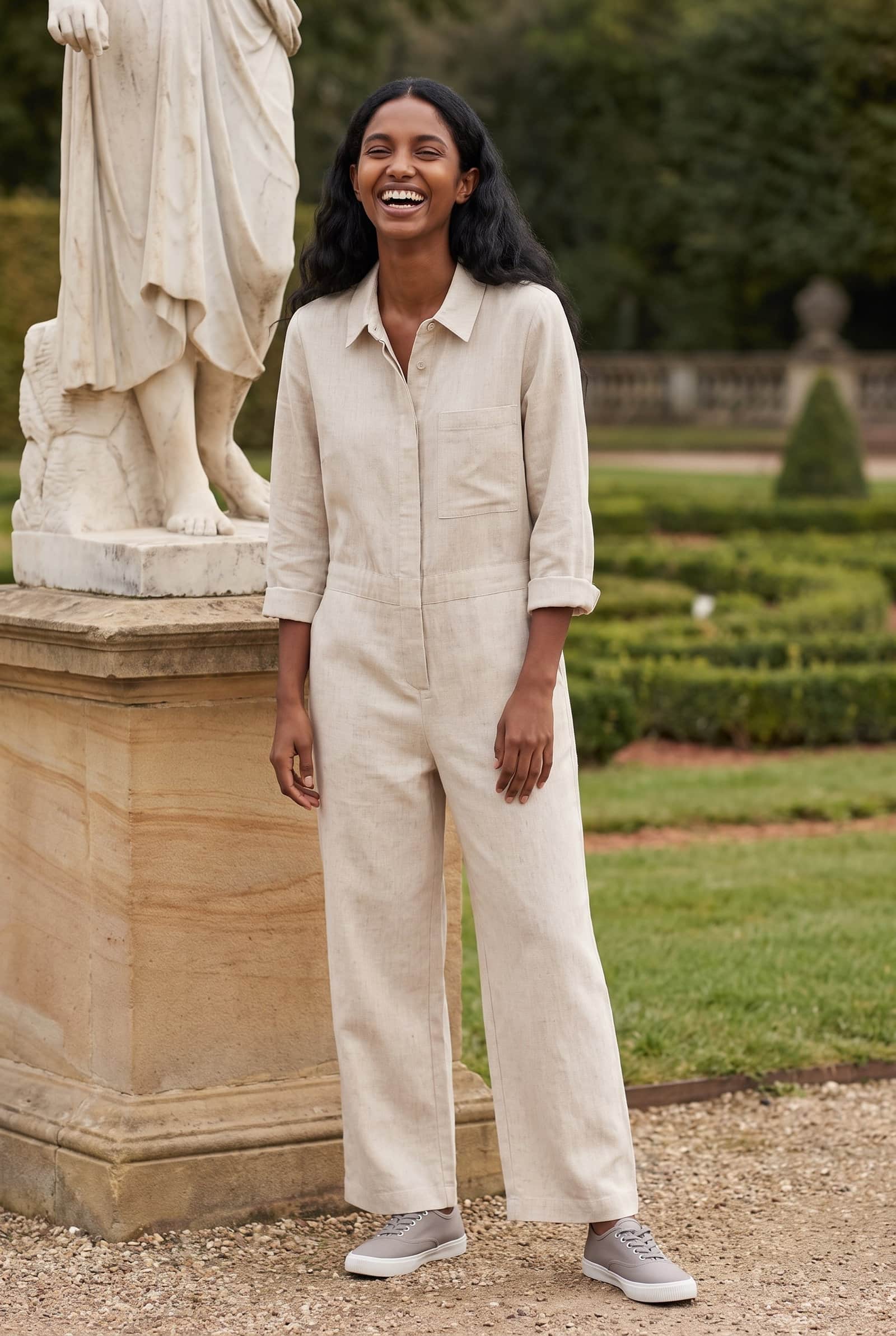 Linen Blend Long Sleeve Jumpsuit