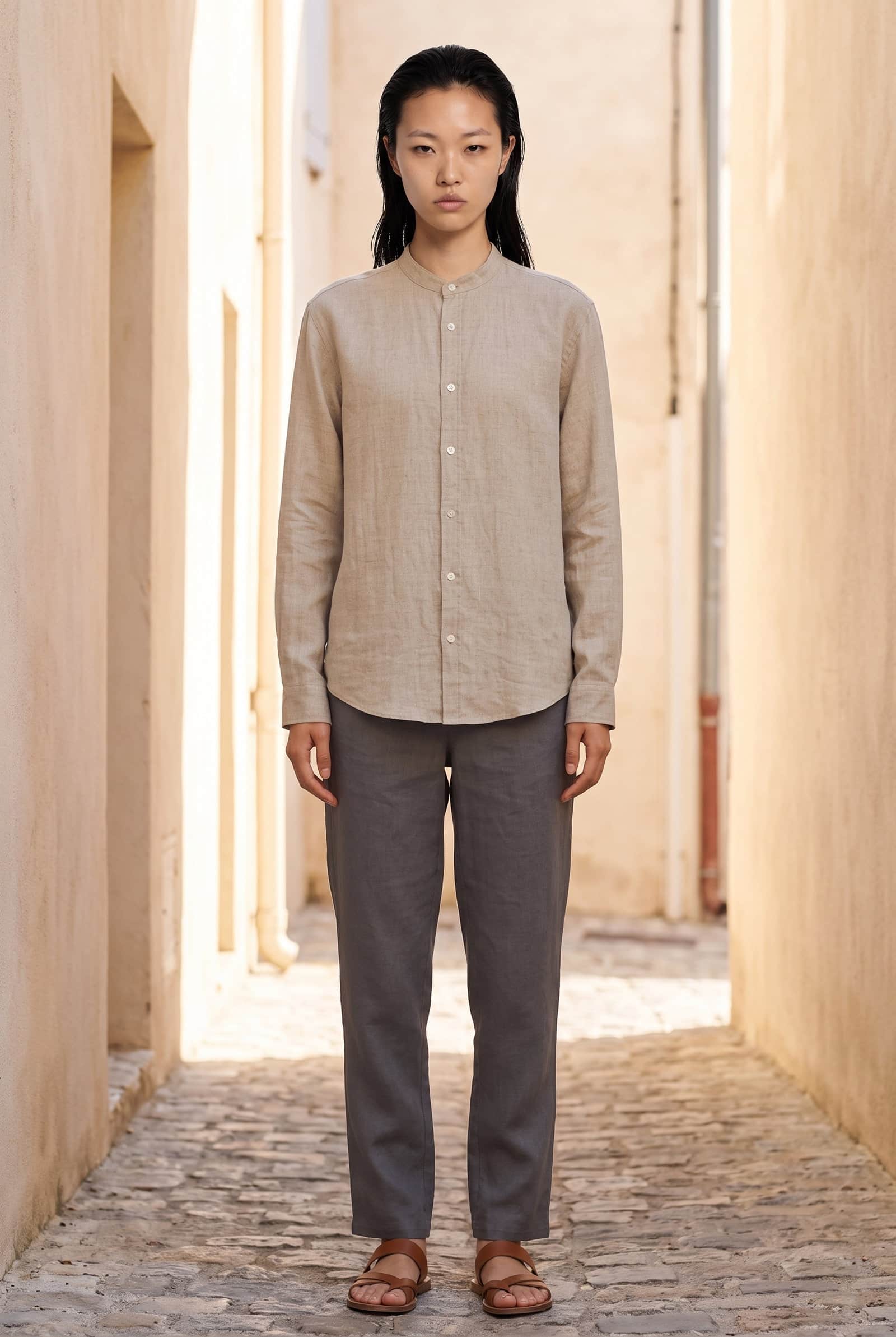 neutral beige Linen Mandarin Collar Shirt