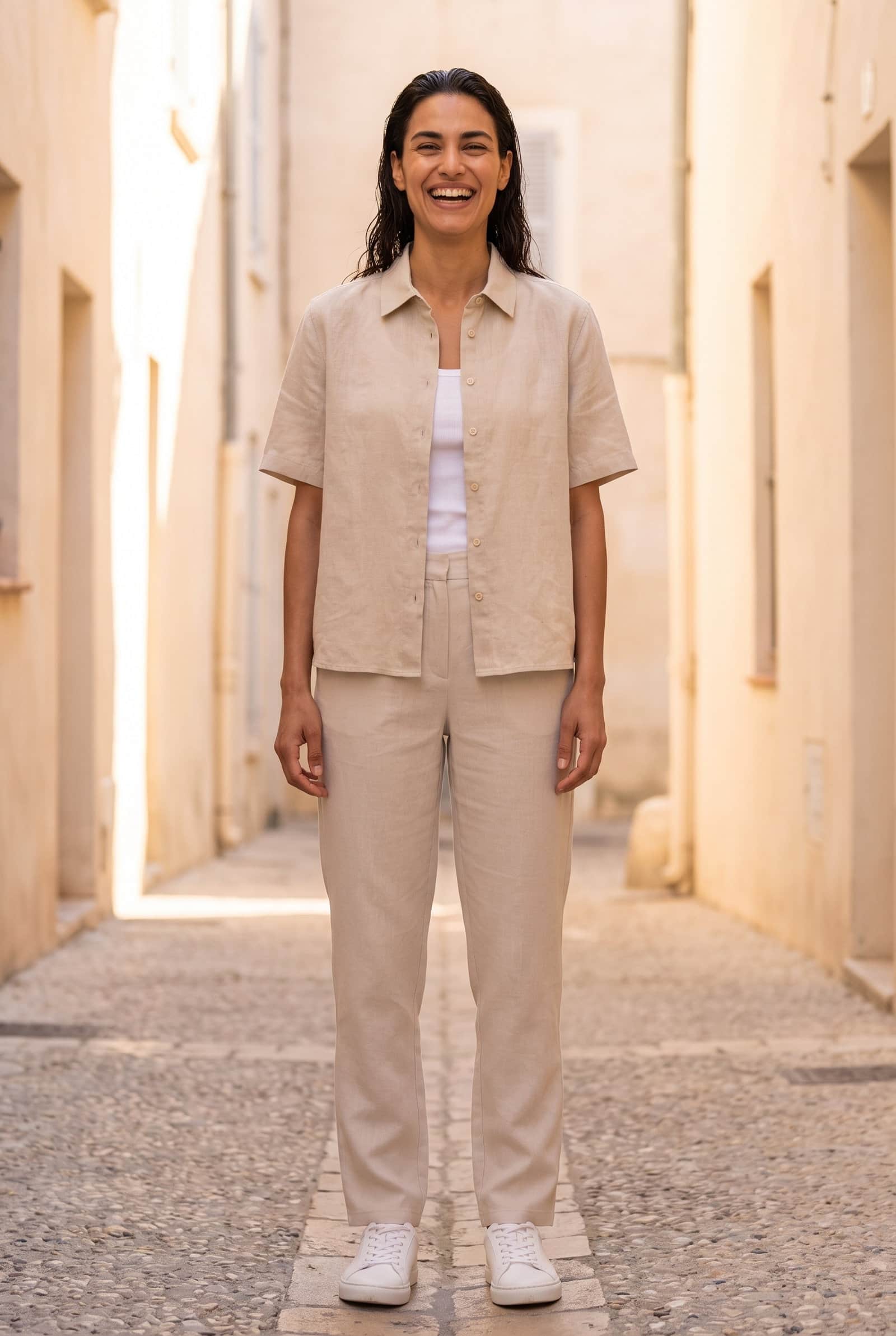 Beige Linen Short Sleeve Shirt