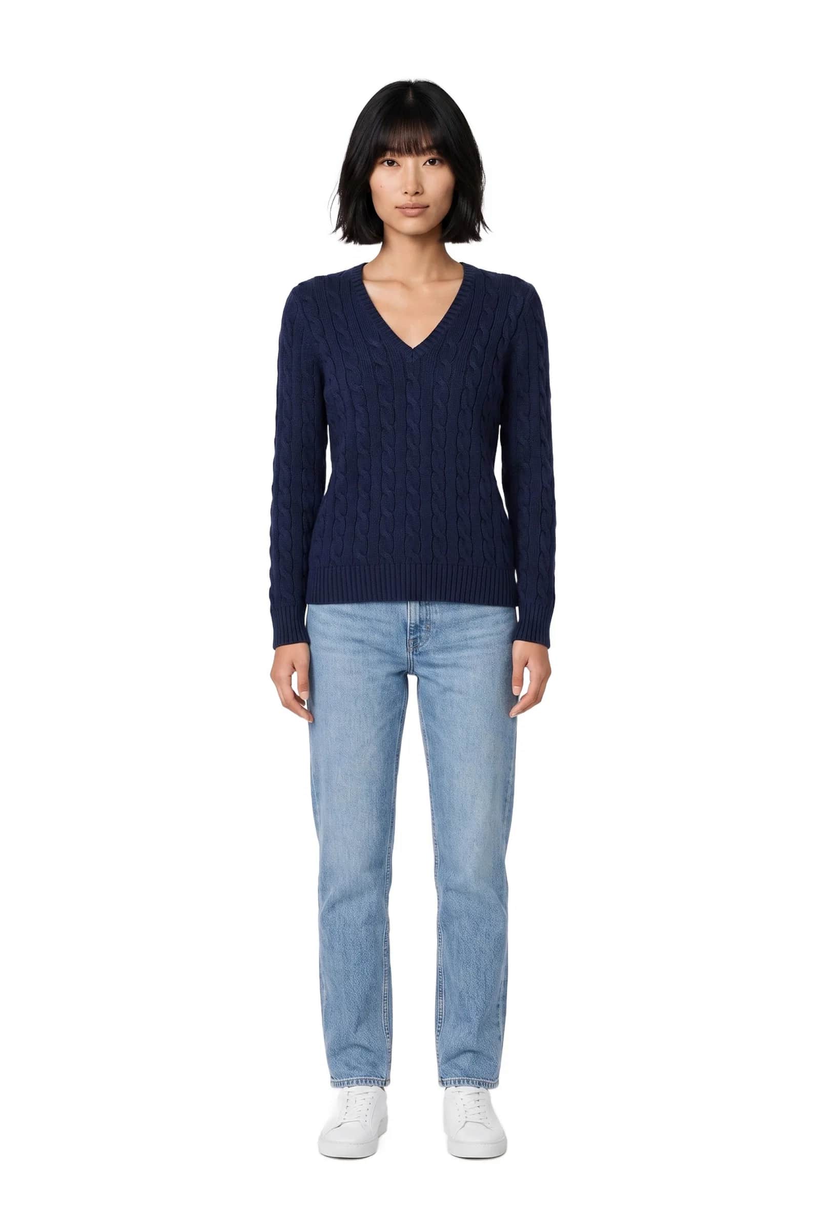 Navy Cable Knit V-Neck Sweater