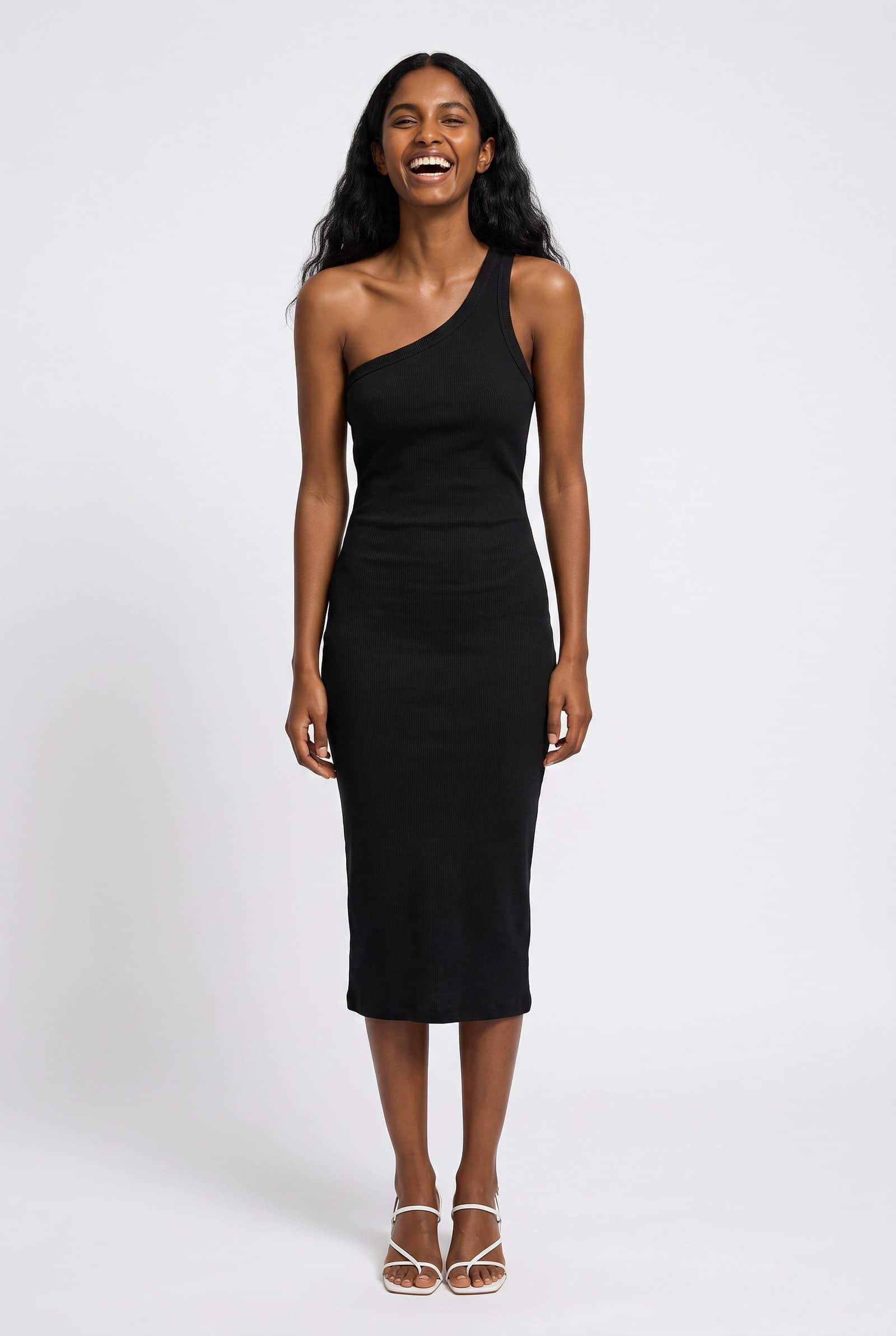 Black One-Shoulder Cotton Midi Dress