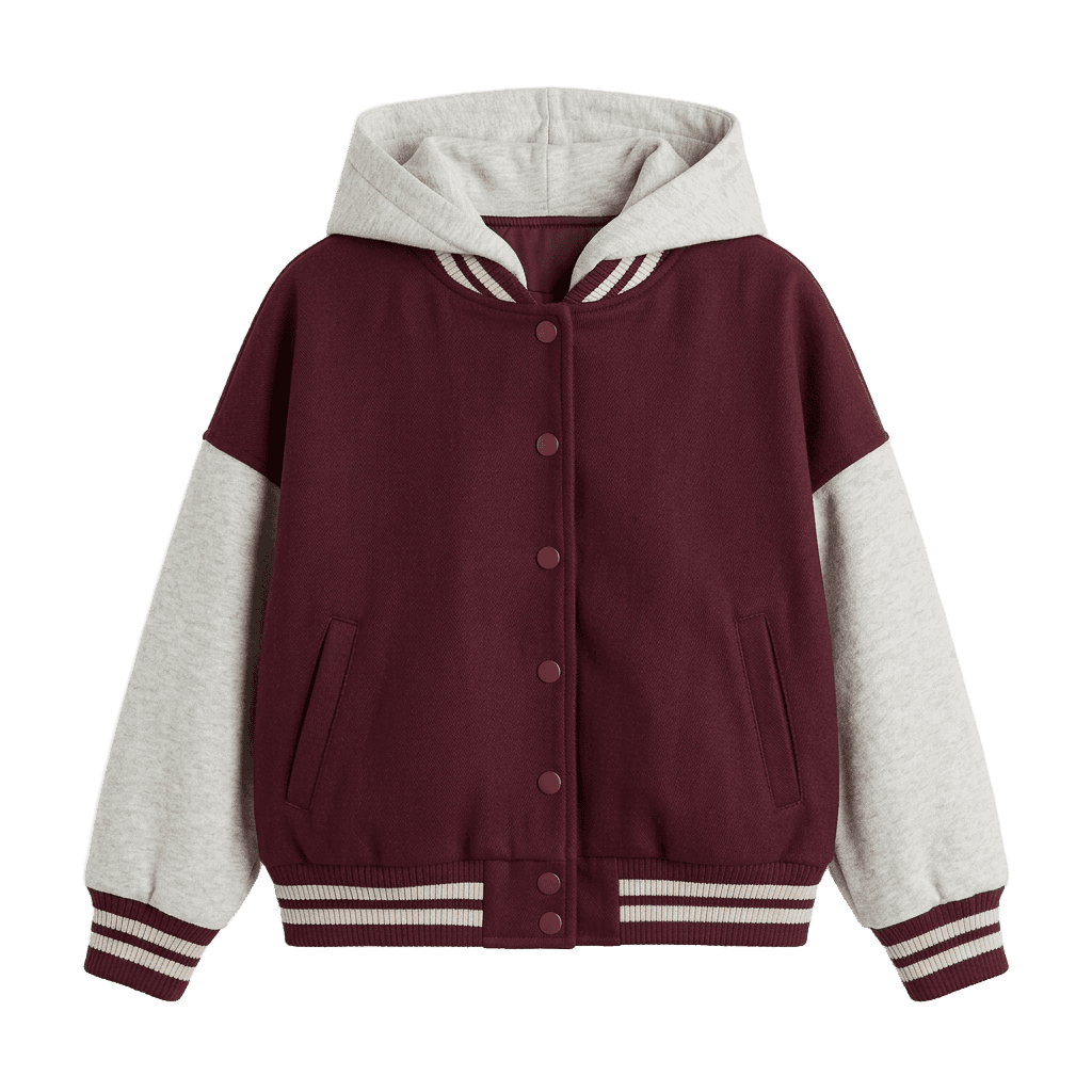 Hooded Contrast Sleeve Varsity Jacket