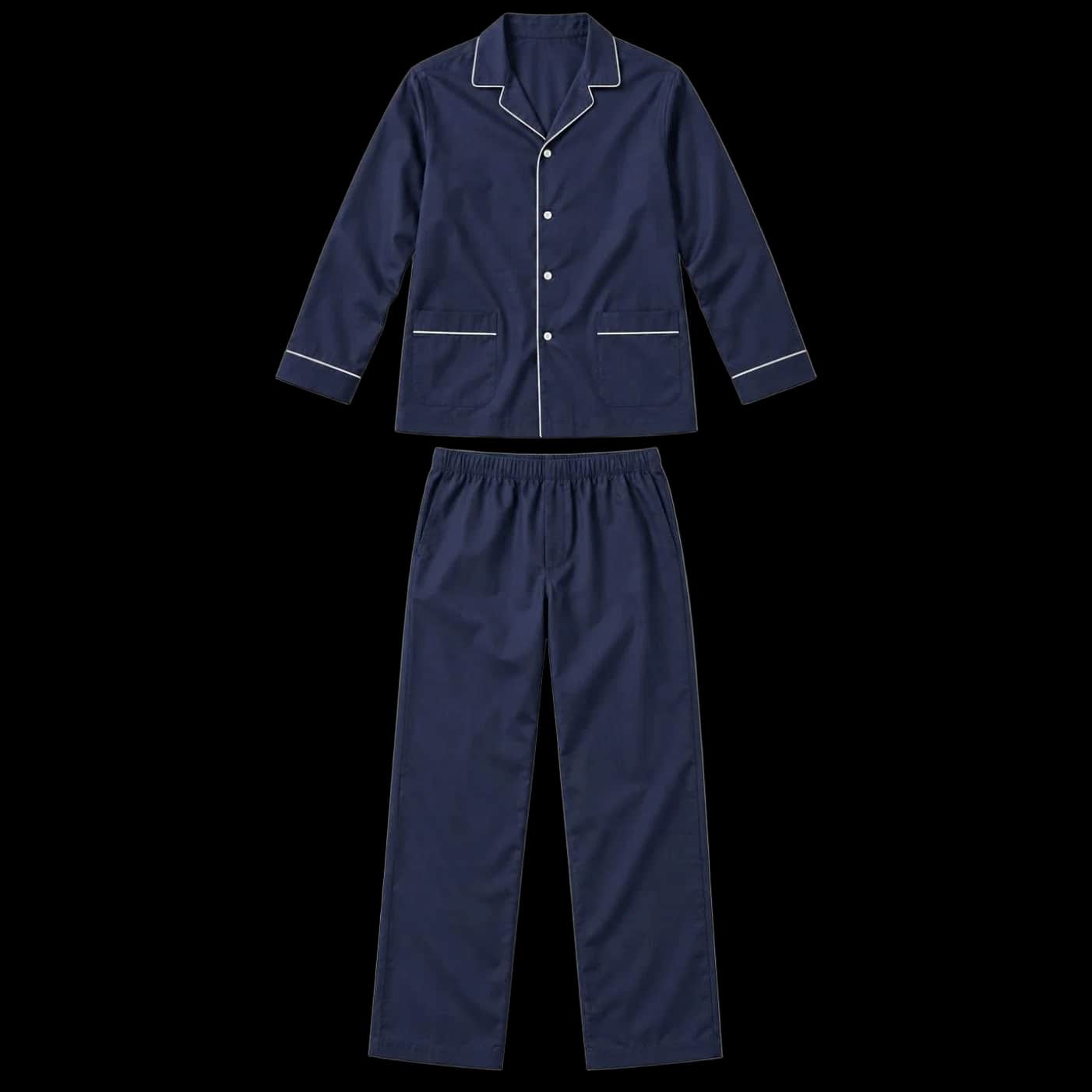 Navy Contrast-Piped Long Pyjama Set